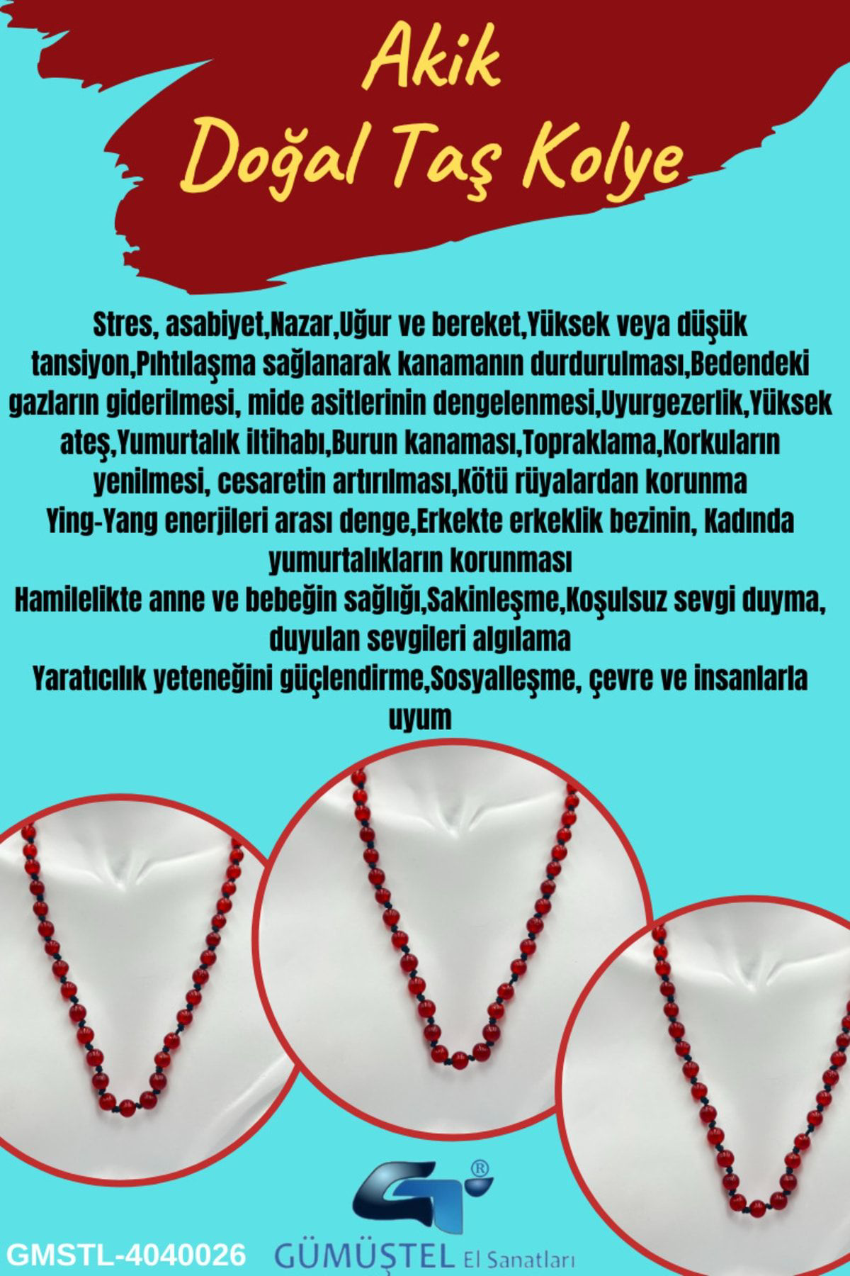 Gümüştel El Sanatlari Sertifikali Doğal Taş Akik Taşi Kolye Aaa Kalite 6Mm