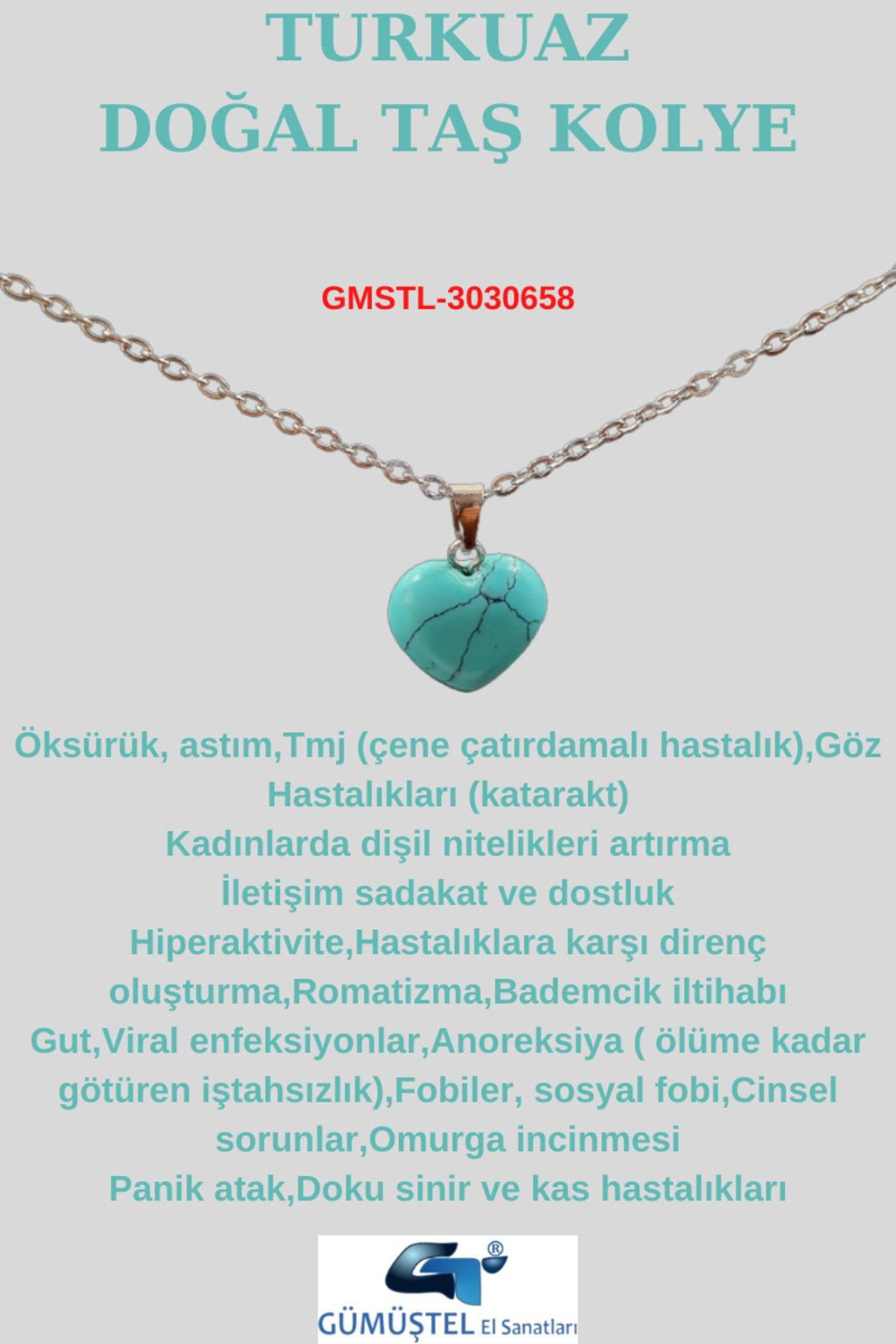Sertifikalı Doğal Taş Turkuaz Kalp Model Minimal Kolye