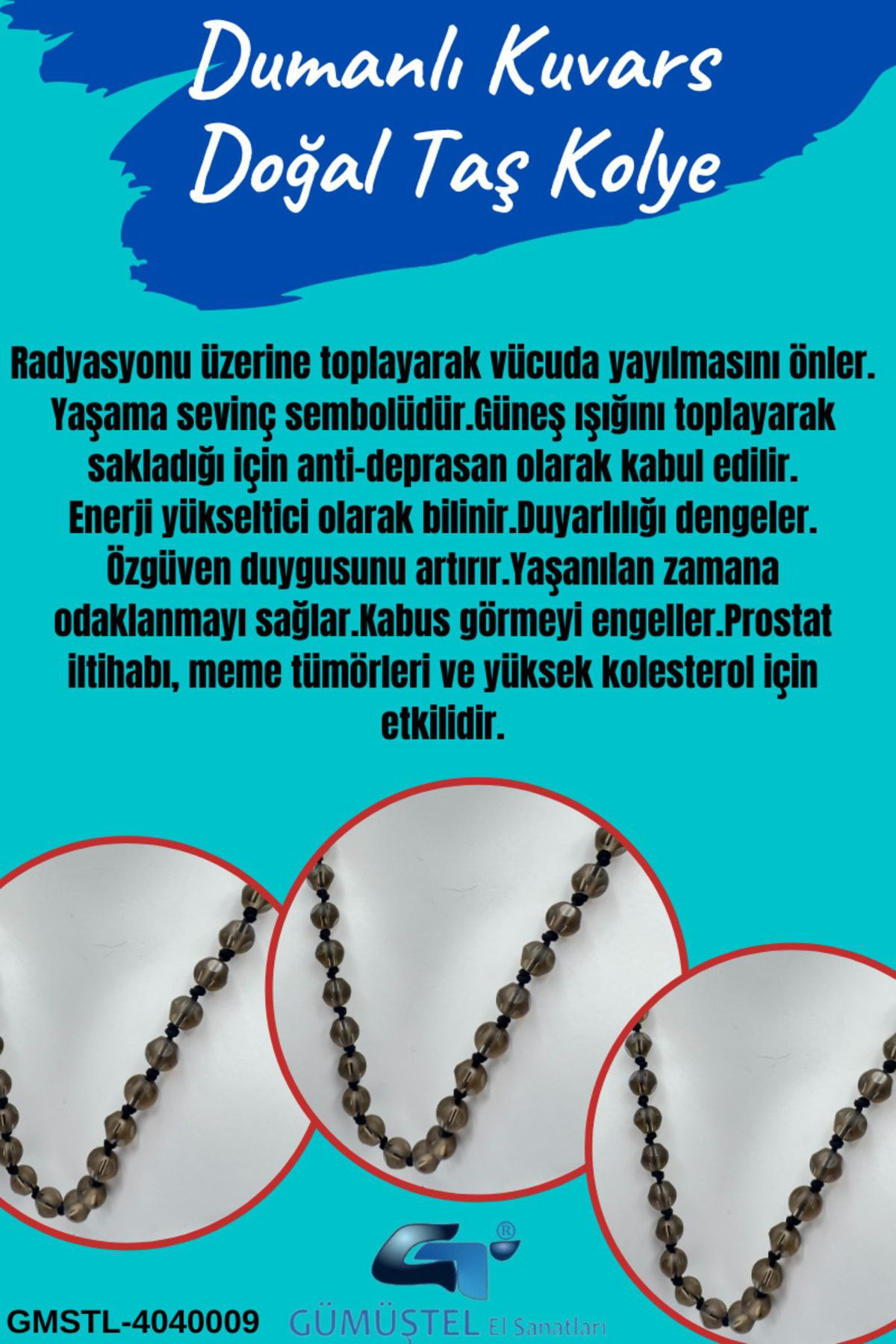 Sertifikalı Doğal Taş Dumanlı Kuvars Taşı Kolye Aaa Kalite 6mm
