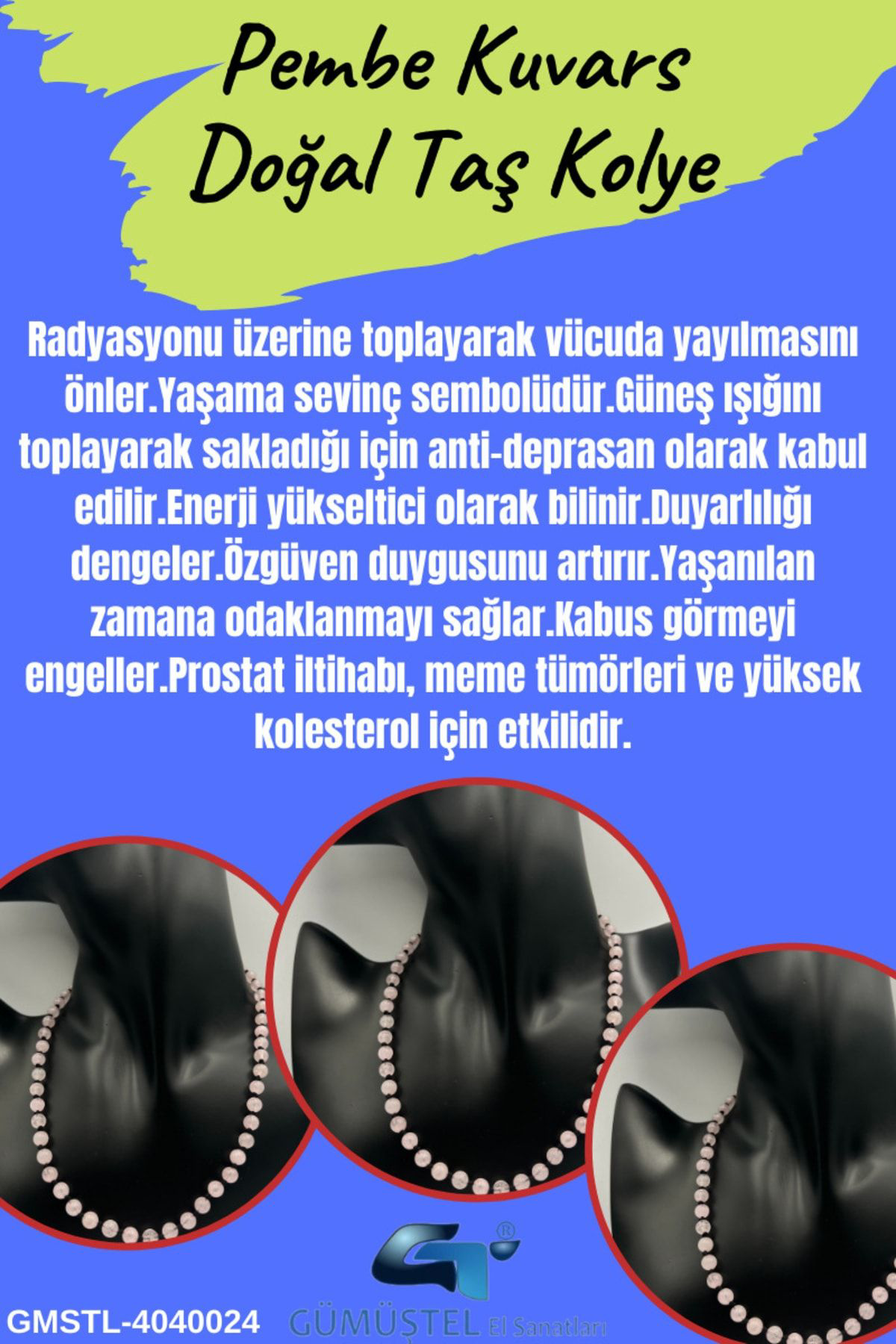 Sertifikalı Doğal Taş Pembe Kuvars Taşı Kolye Aaa Kalite 6mm