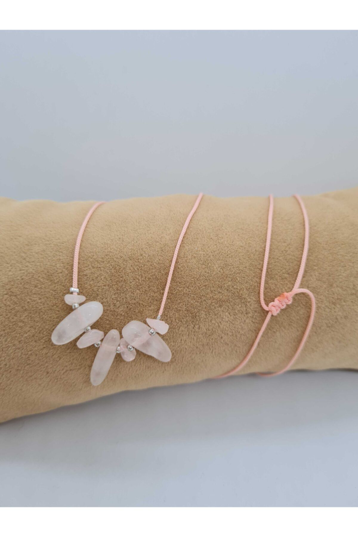 Sertifikalı Doğal Pembe Kuvars Taşı Tasarım Kolye Makrome Ayarlı 