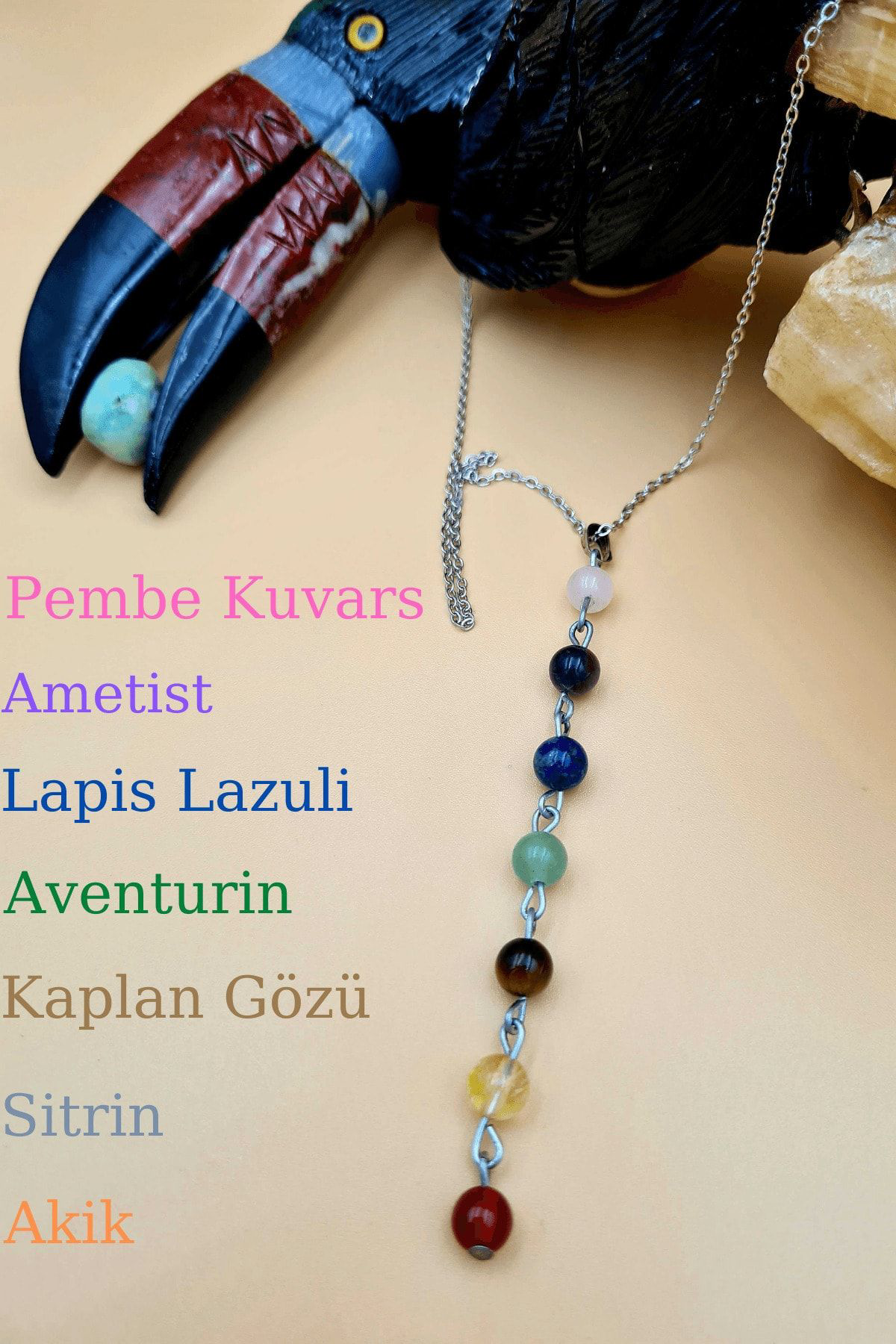 Gümüştel El Sanatlari Sertifikali Doğal 7 Çakra Özel Tasarim Kolye Orijinal Doğal Taş Z
