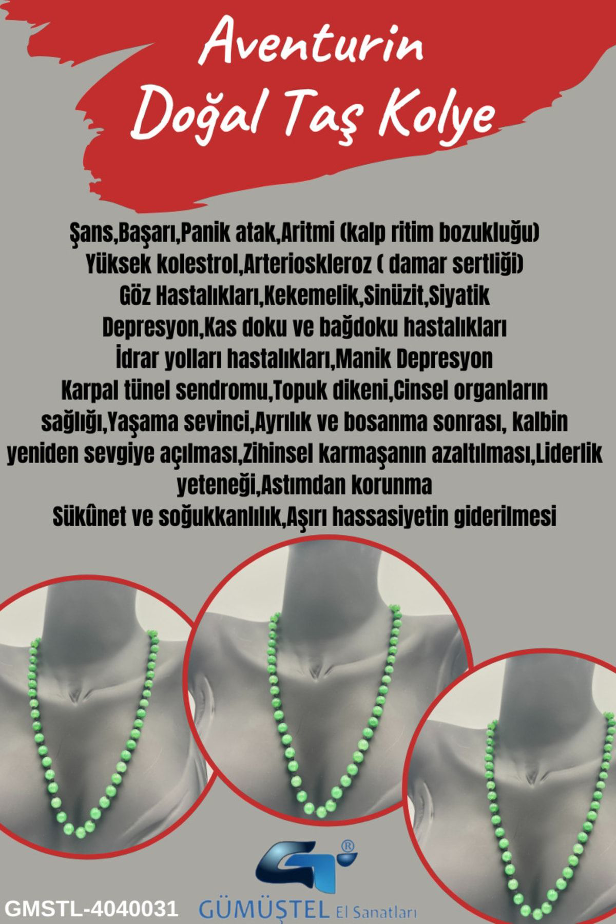 Sertifikalı Doğal Taş Aventurin Taşı Kolye Aaa Kalite 6 Mm
