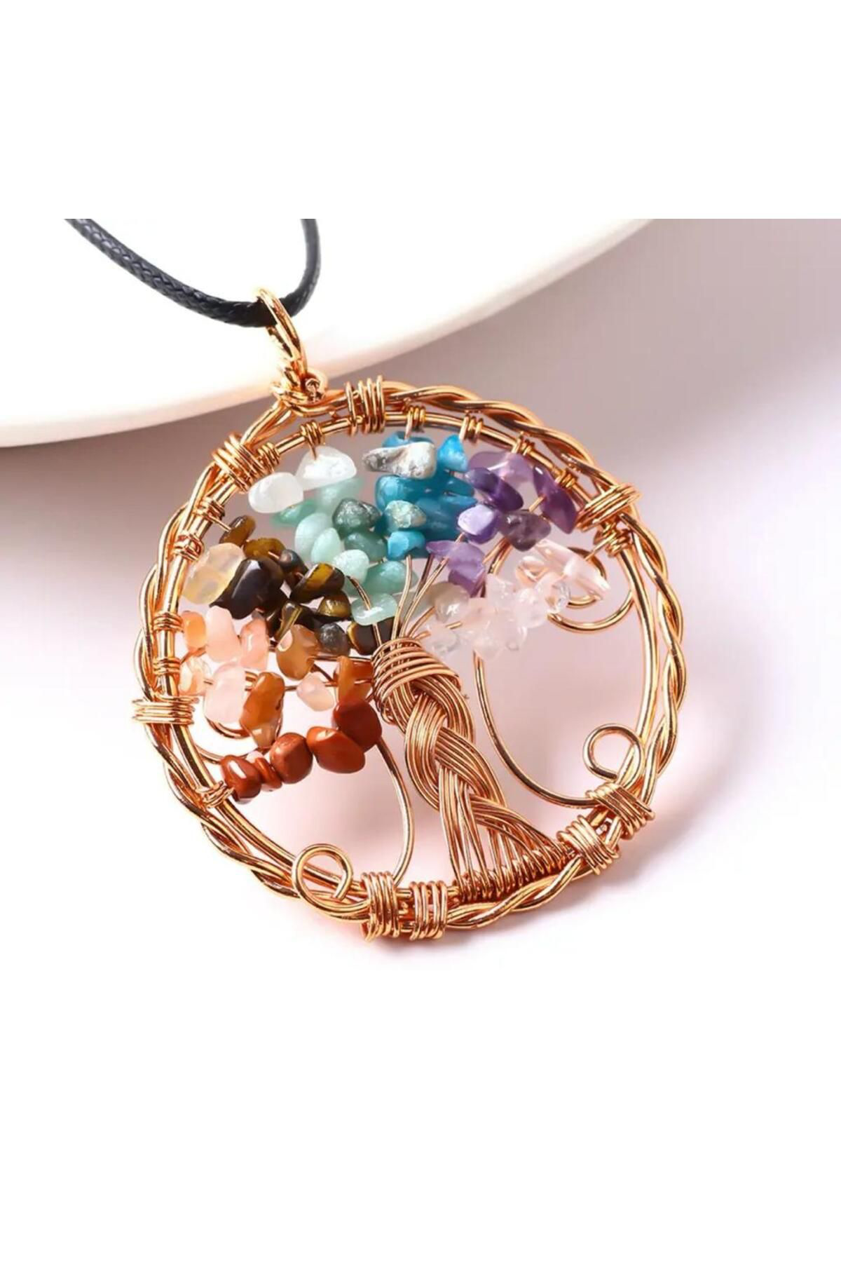 Sertifikalı Doğal Taş 7 Çakra Hayat Ağacı Tasarım Kolye Sürpriz H