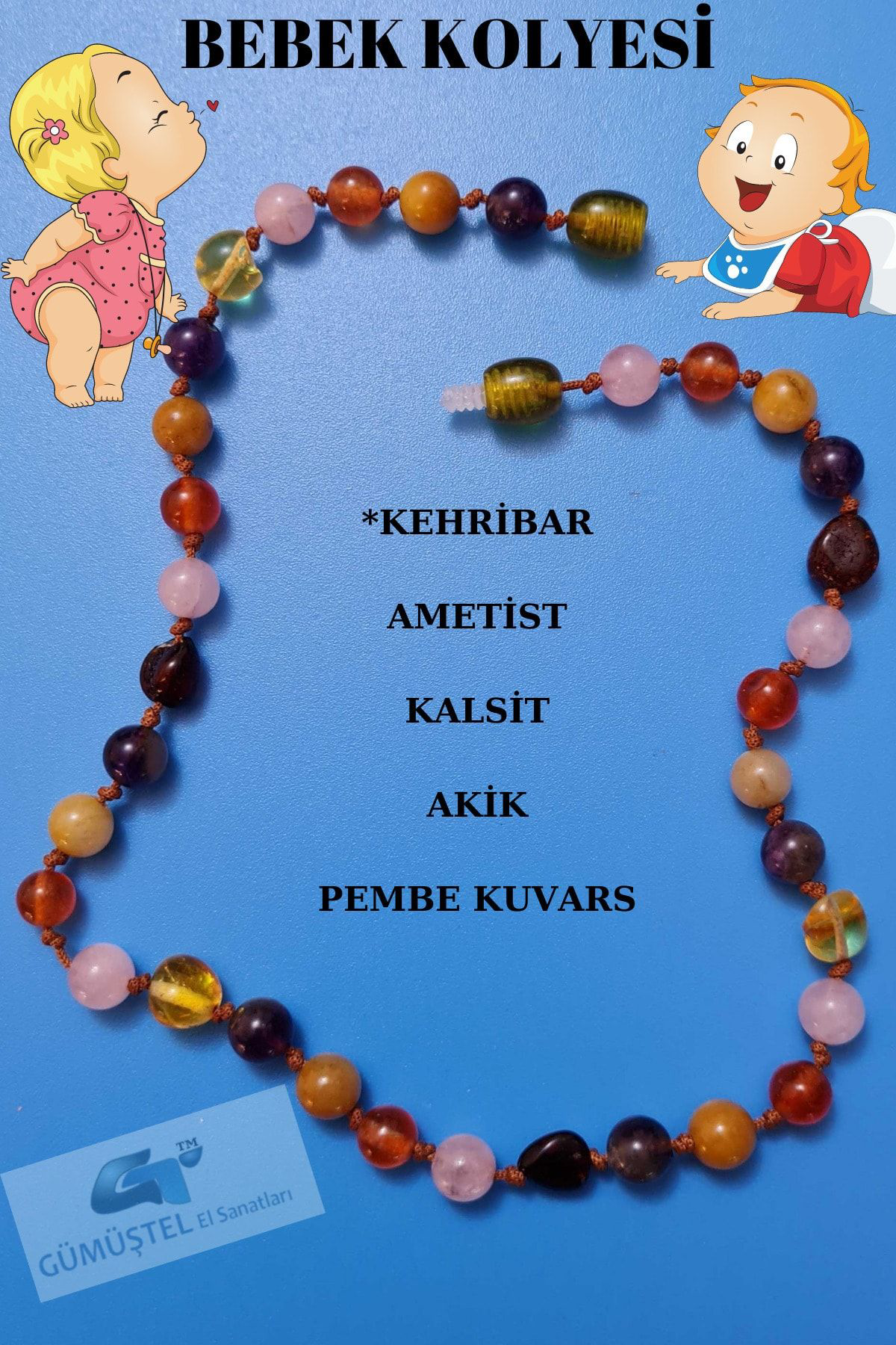 Sertifikalı Doğal Taş Bebek Kolyesi Kehribar, Ametist, Kalsit, Ak