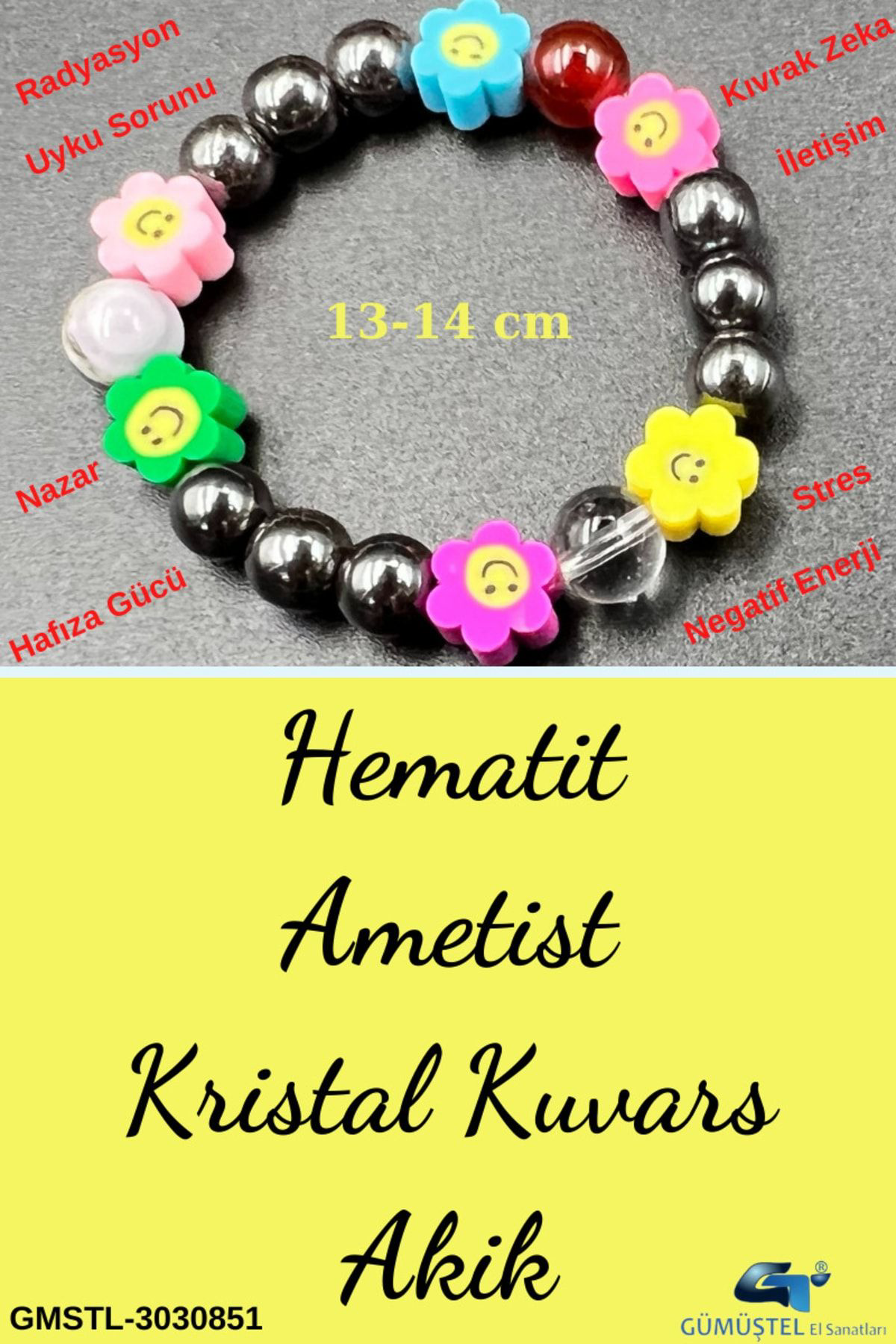 Sertifikalı Doğal Taş Çocuk Bilekliği Ametist Hematit Kristal Kuv