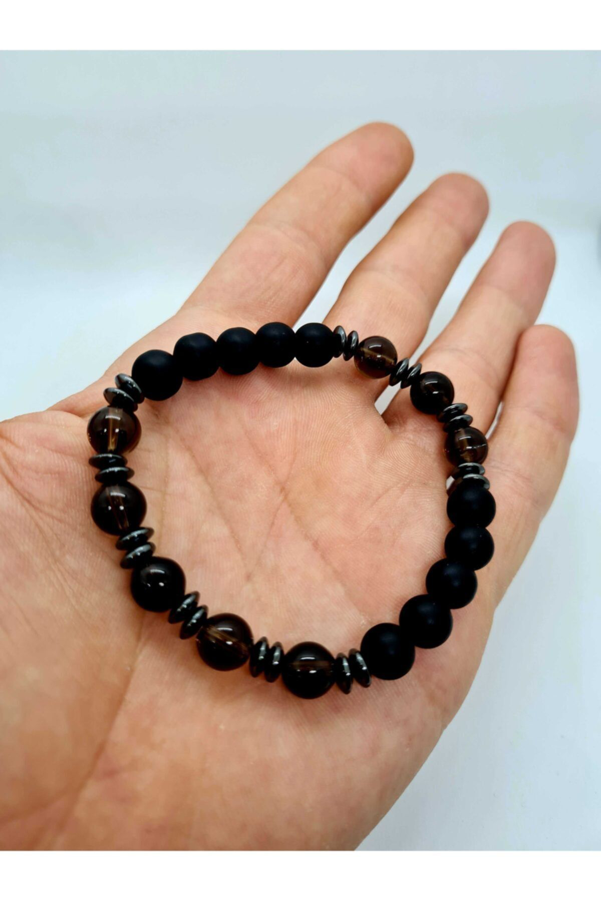 Sertifikalı Dumanlı Kuvars , Hematit , Oniks Doğal Taş Bileklik 8