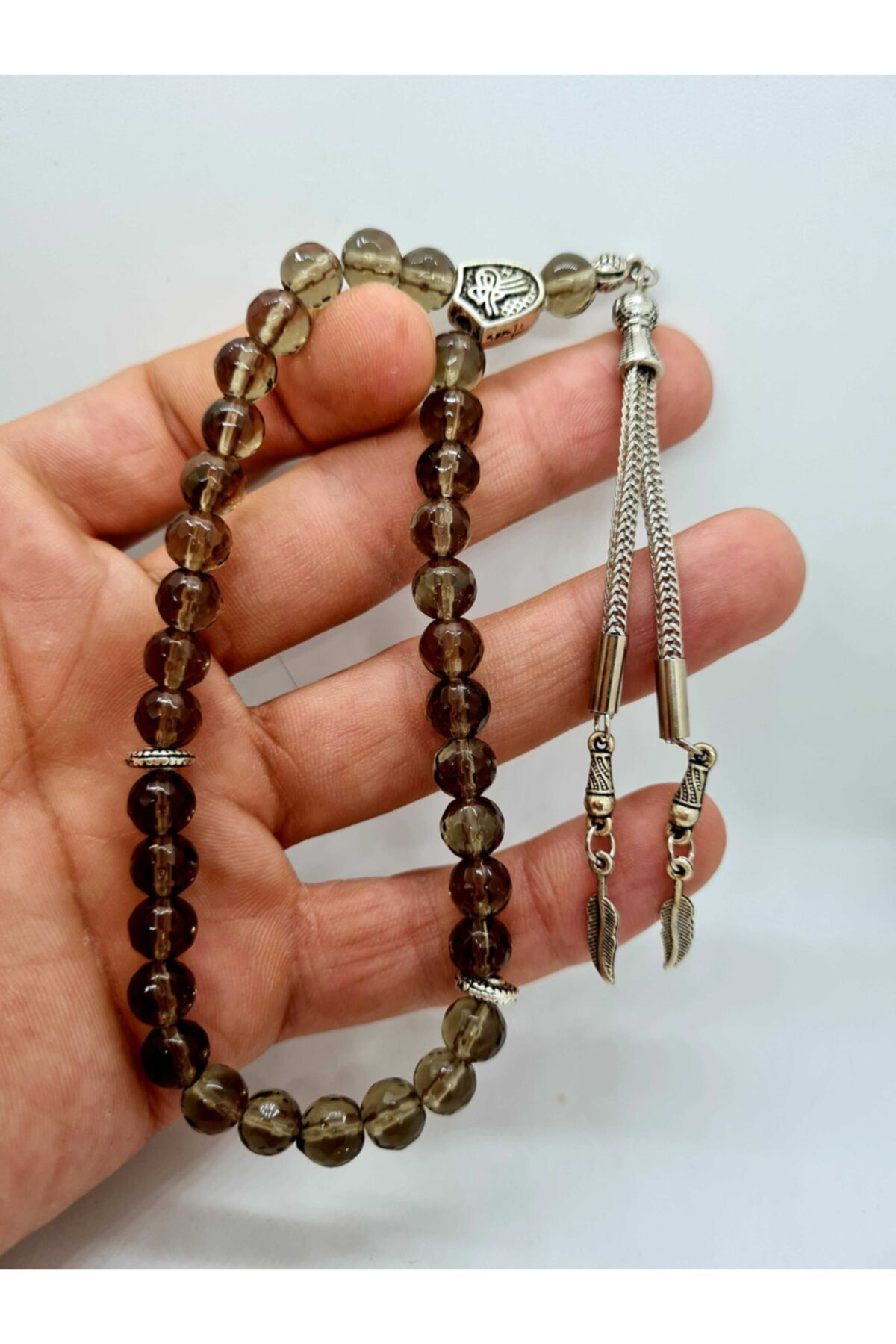 Gümüştel El Sanatlari Sertifikali Dumanli Kuvars Doğal Taş Faset Kesim Tesbih 8Mm