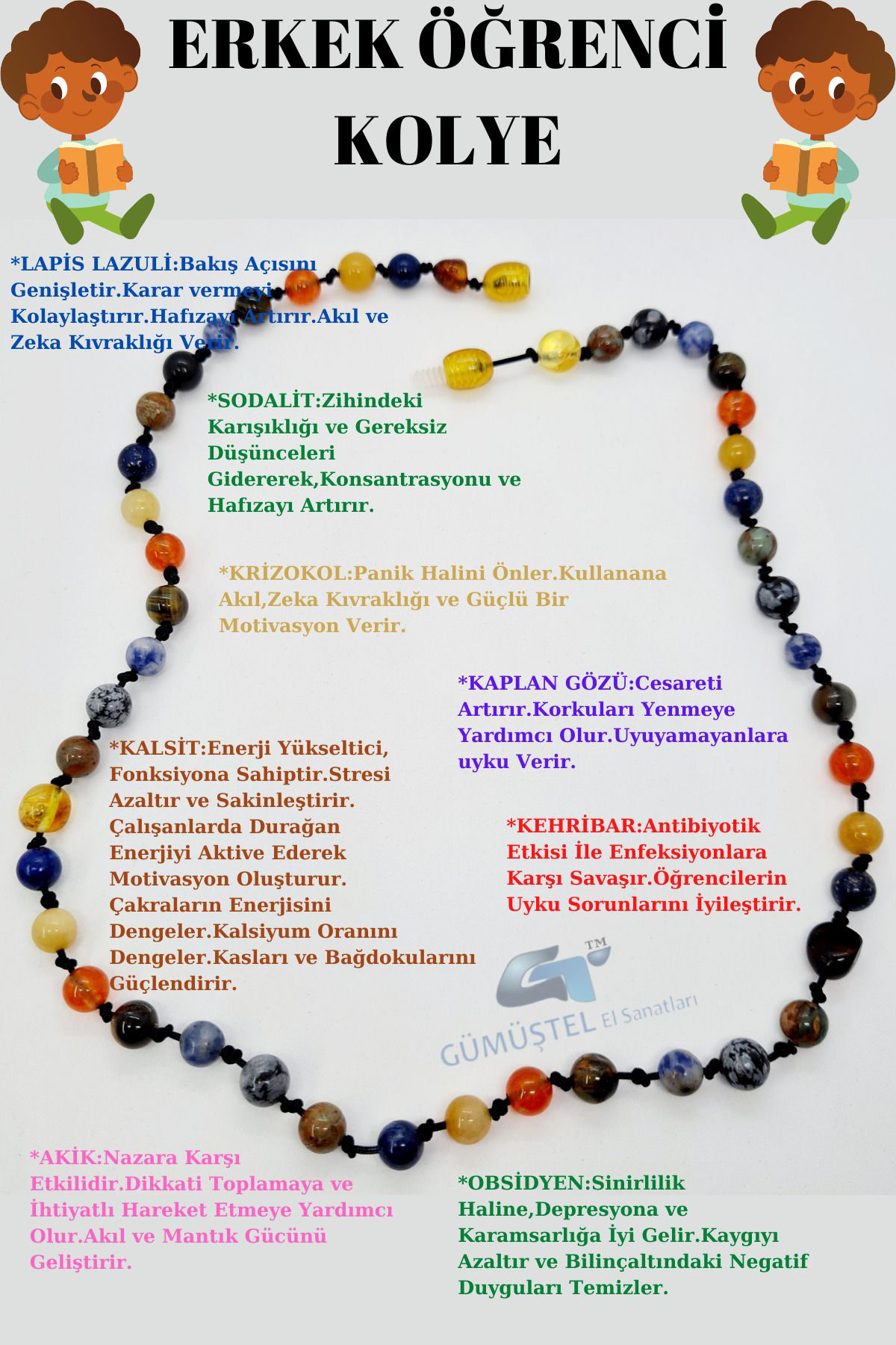 Sertifikalı Erkek Öğrenci Kolyesi Lapis Lazuli Kehribar Sodalit K