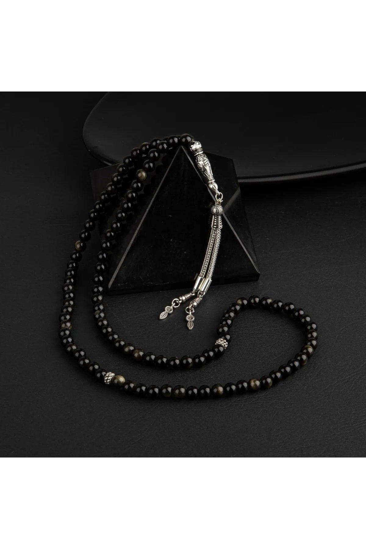 Gümüştel El Sanatlari Sertifikali Gold Obsiyen Doğal Taş Tesbih 99Luk 6Mm