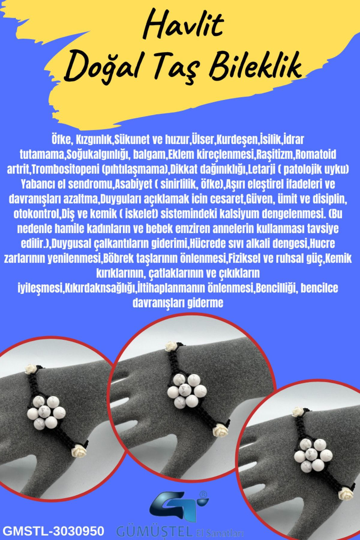 Gümüştel El Sanatlari Sertifikali Havlit Doğal Taş Bileklik Asansörlü Kilit Sistemi Aaa