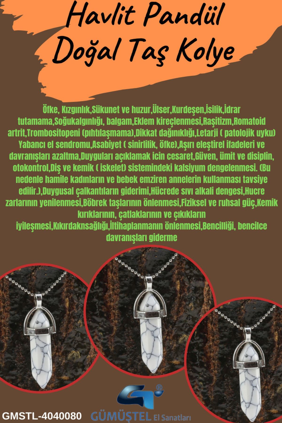 Sertifikalı Havlit Doğal Taş Pandül Kolye Zincir Dahil Sertifikalı Havlit Doğal Taş Pandül Kolye Zincir Dahil