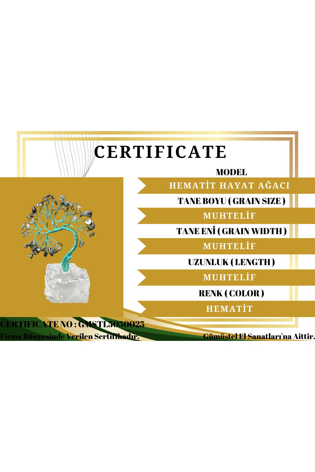 Sertifikalı Hematit Orijinal Doğal Taş Hayat Ağacı Biblo El Yapım