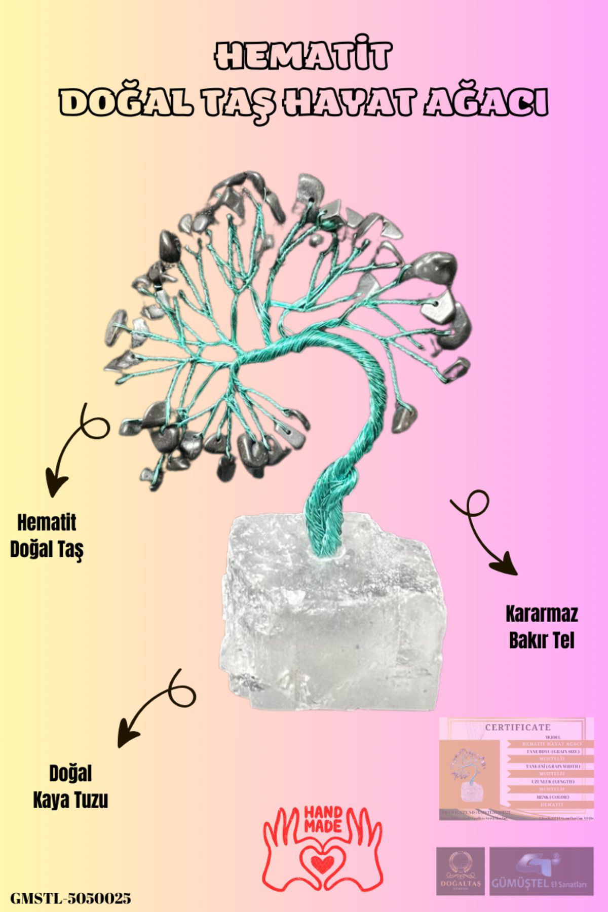 Sertifikalı Hematit Orijinal Doğal Taş Hayat Ağacı Biblo El Yapım