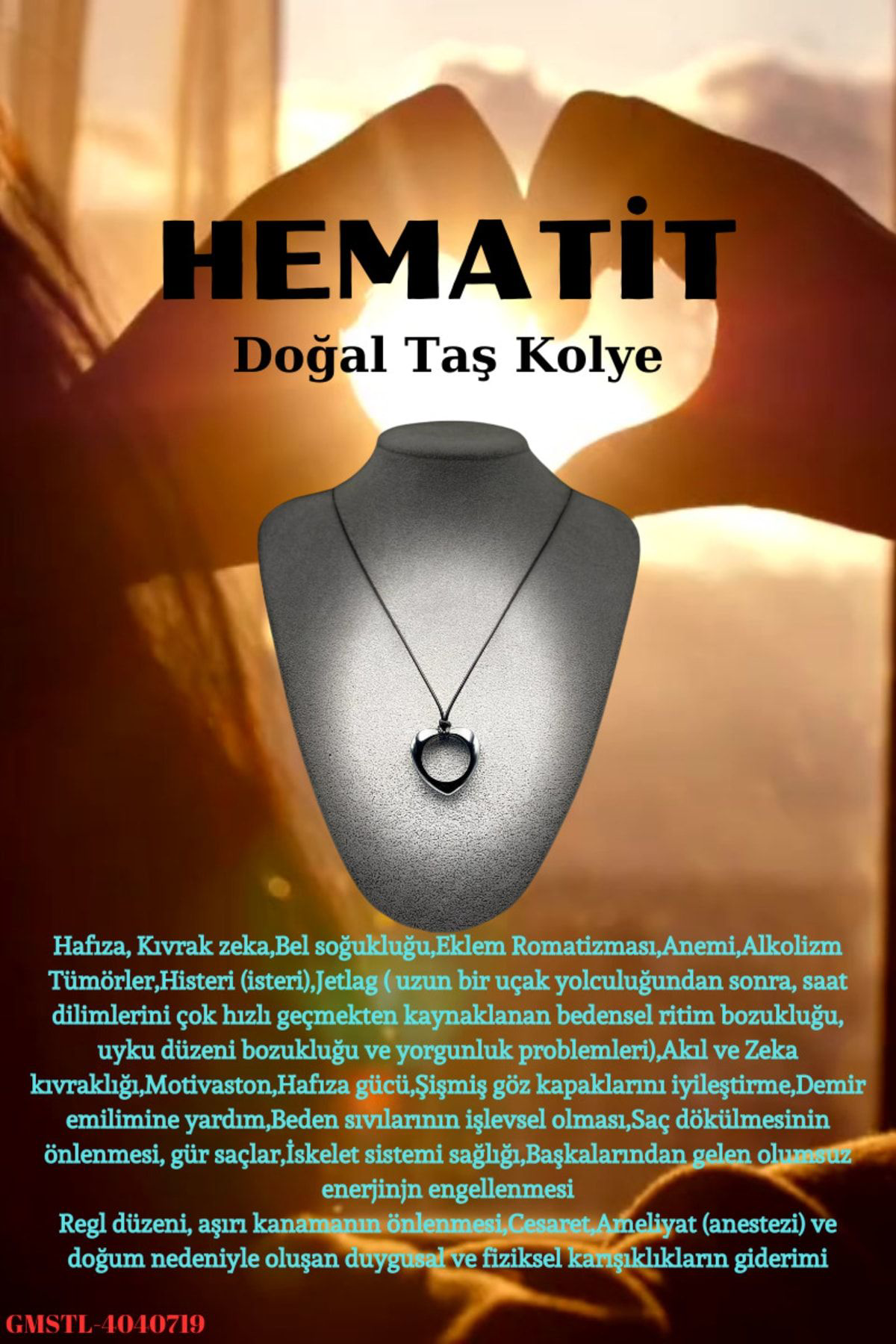 Sertifikalı Hematit Doğal Taş El Işçiliği Kalp Kesim Kolye