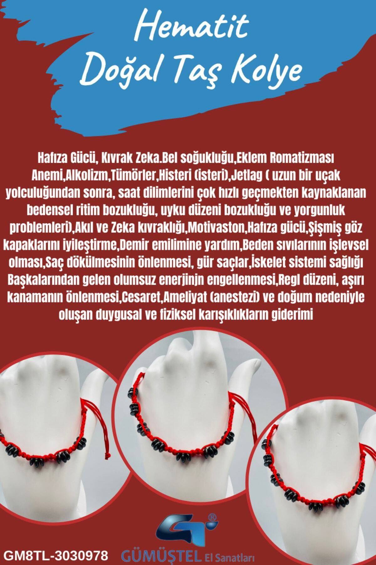 Sertifikalı Hematit Doğal Taş Tasarım Bileklik Aaa Kalite Hafıza 