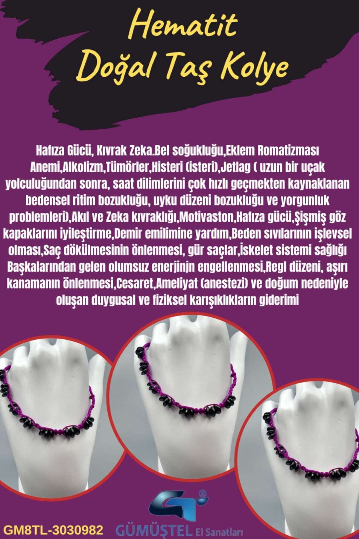 Gümüştel El Sanatlari Sertifikali Hematit Doğal Taş Tasarim Bileklik Aaa Kalite Hafiza 