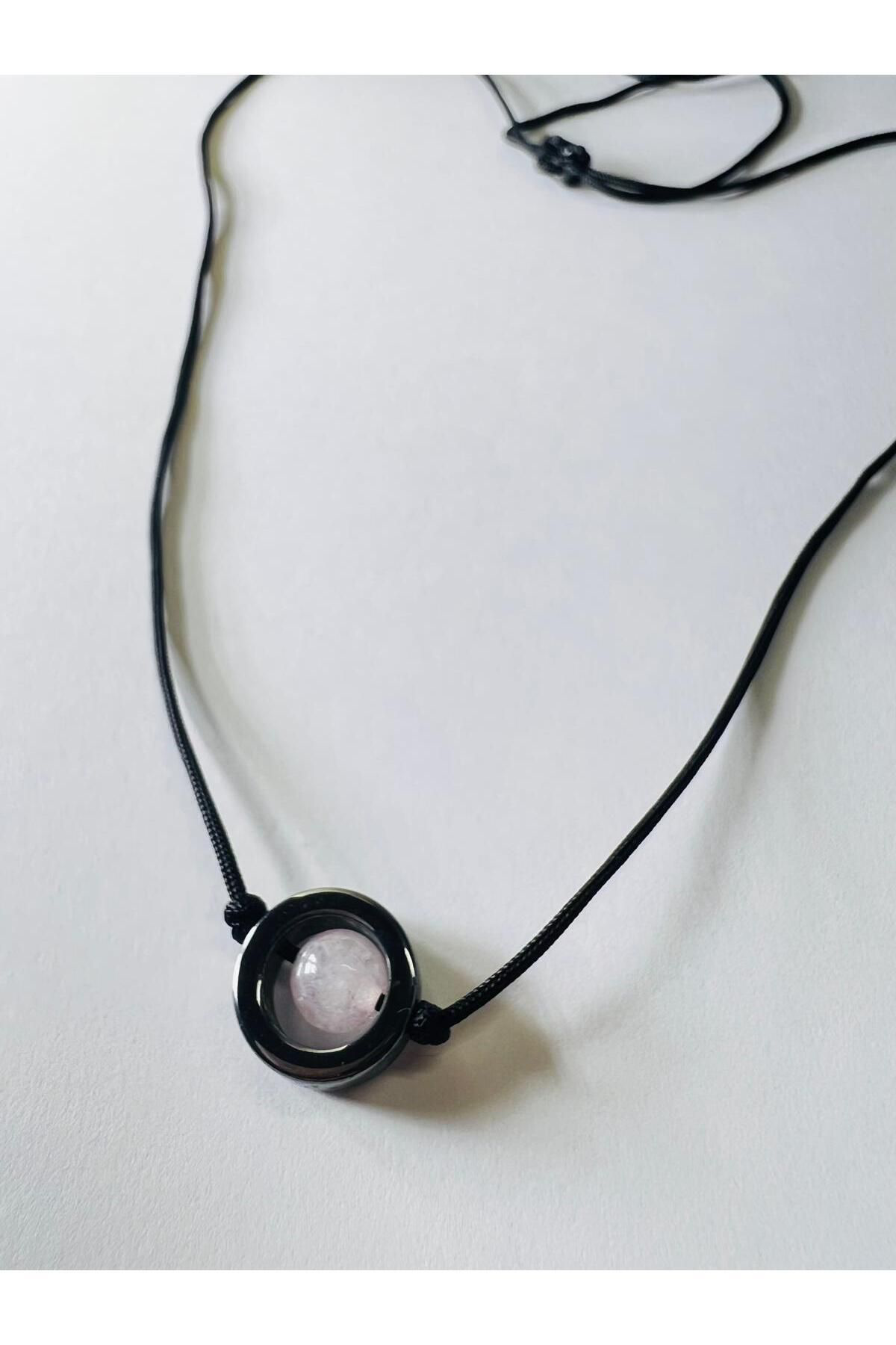 Gümüştel El Sanatlari Sertifikali Hematit & Pembe Kuvars Doğal Taş Kolye