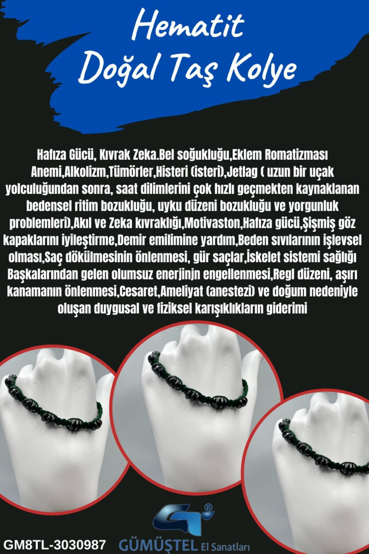 Sertifikalı Hematit Doğal Taş Tasarım Bileklik Aaa Kalite Hafıza 