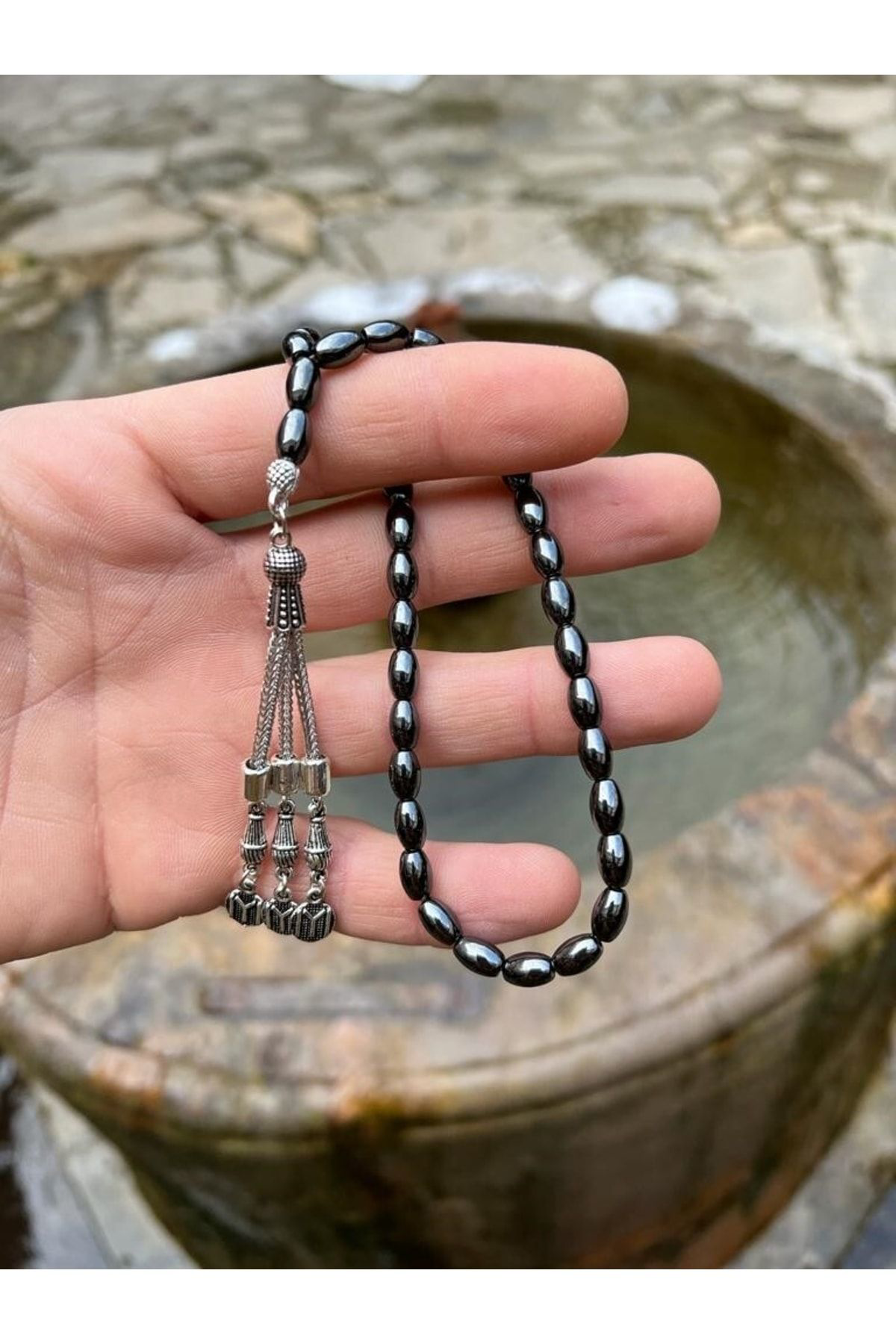 Sertifikalı Hematit Doğal Taş Arpa Kesim Tesbih 33 Lük Aaa Kalite
