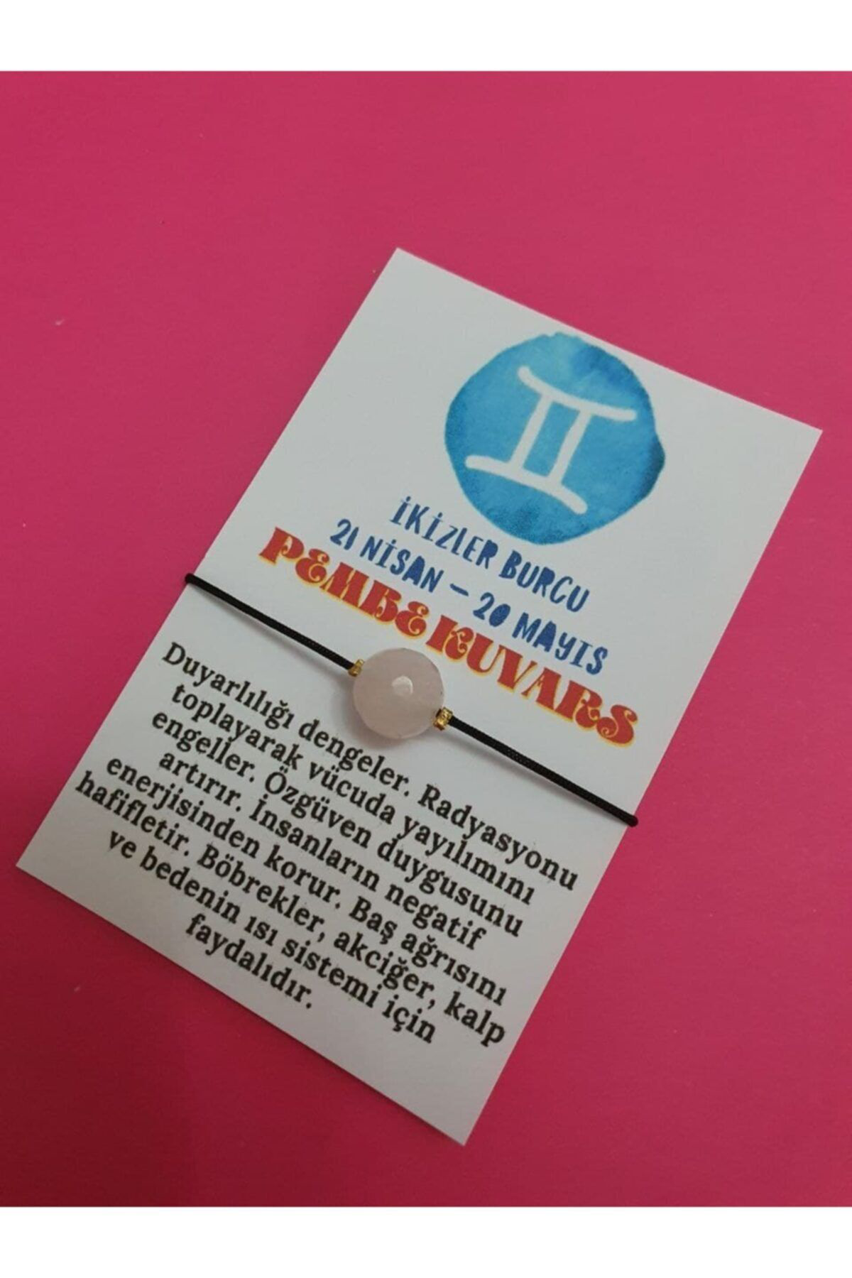 Sertifikalı Ikizler Burcu Pembe Kuvars Doğal Taş Ip Burç Bilekliğ