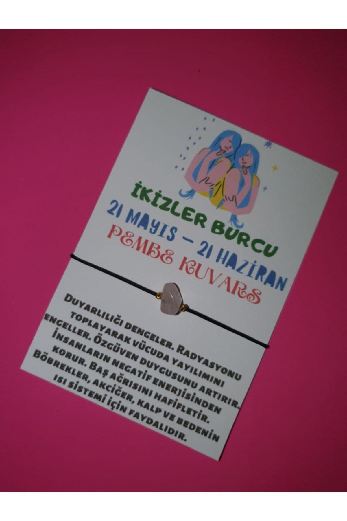 Gümüştel El Sanatlari Sertifikali İkizler Burcu Pembe Kuvars Doğal Taşli İp Burç Bilekl