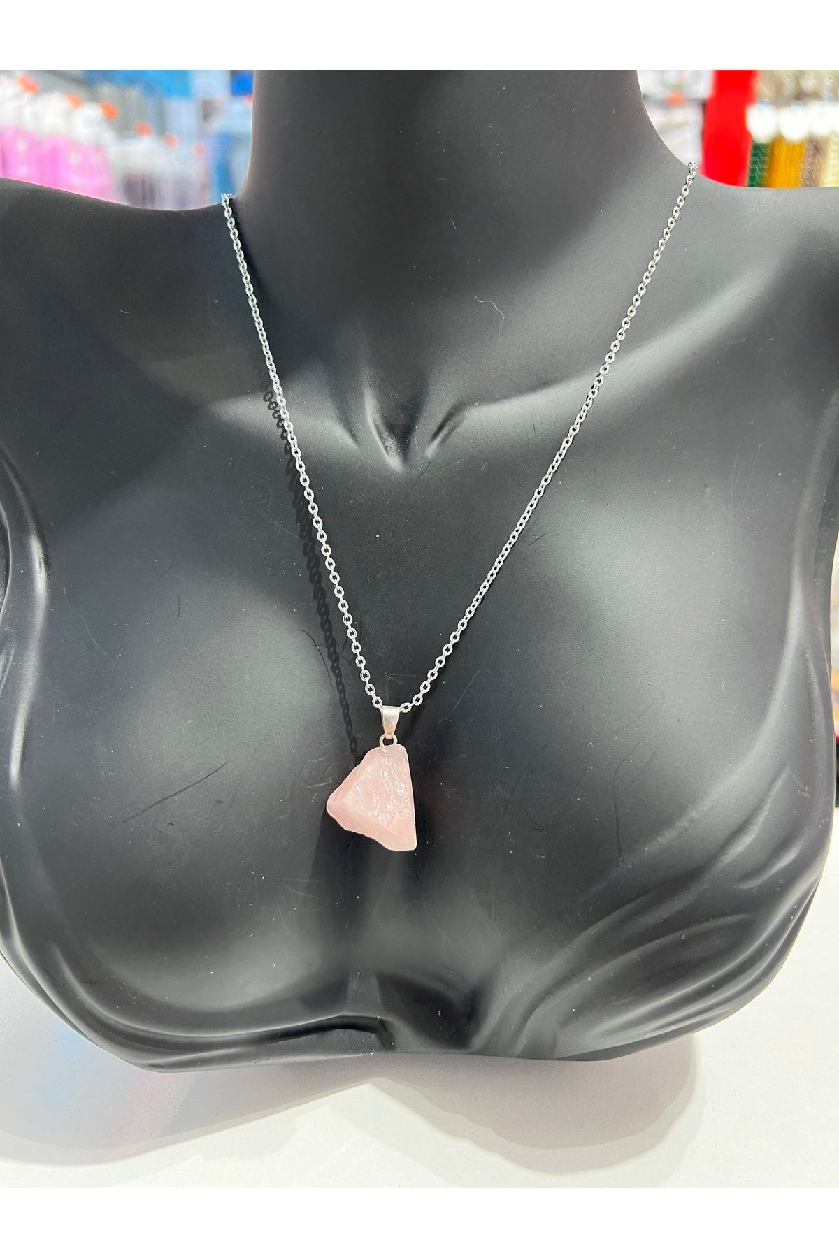 Gümüştel El Sanatlari Sertifikali İşlenmemiş Doğal Taş Pembe Kuvars Kolye Sürpriz