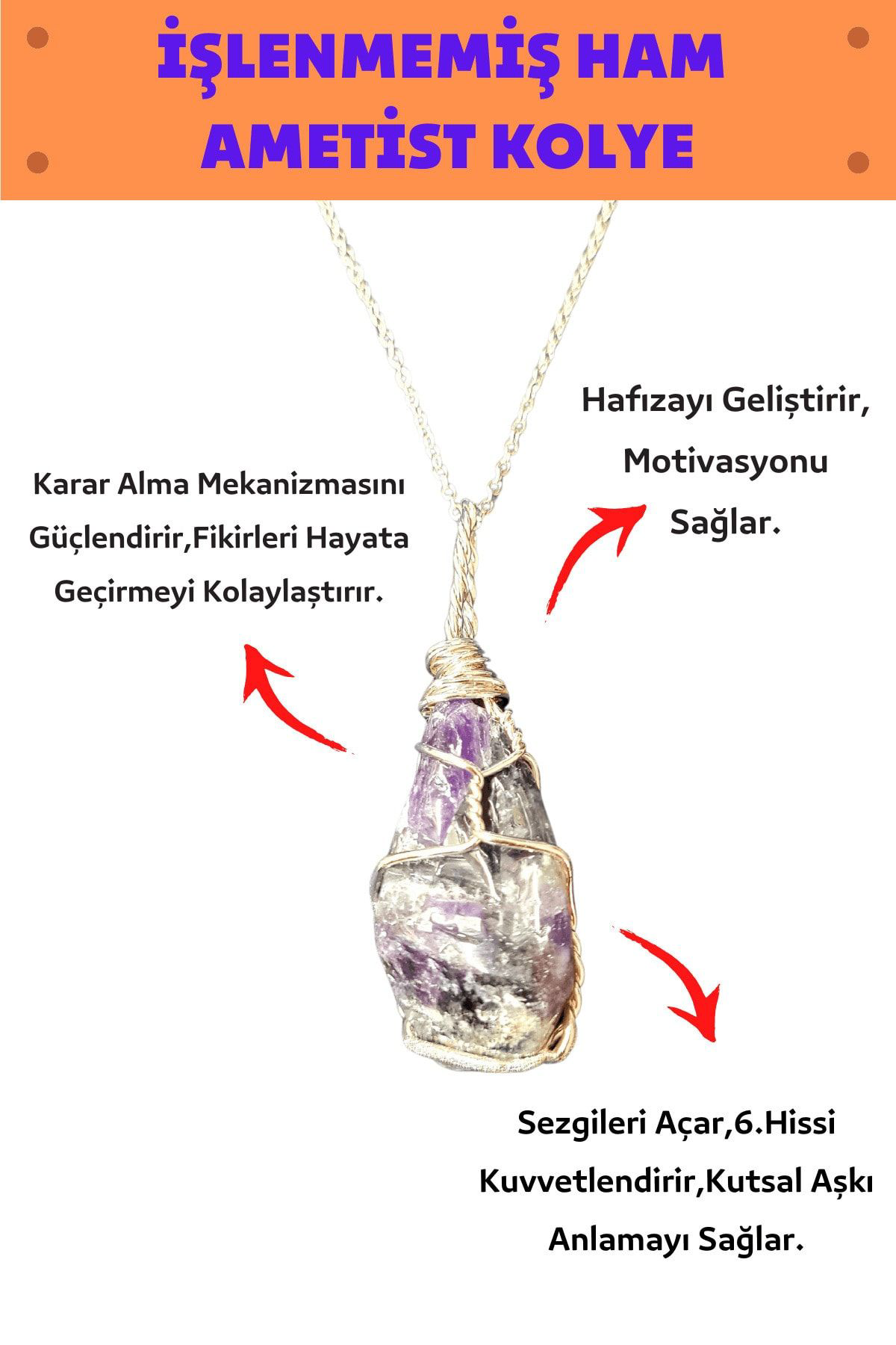 Sertifikalı Işlenmemiş Ham Ametist Doğal Taş Kadın Kolye Energyko