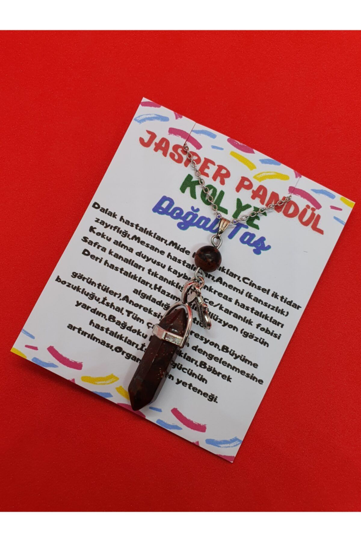 Sertifikalı Jasper Taşı Pandül Lale Kolye Doğal Taş Özel Tasarım 