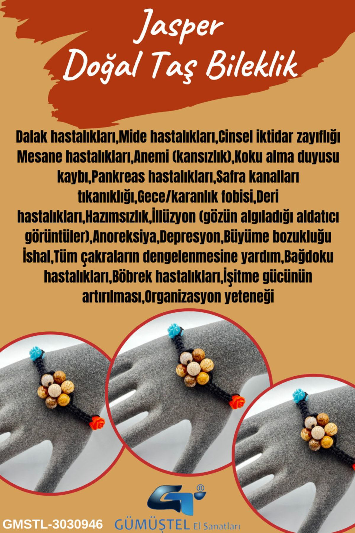 Sertifikalı Jasper Doğal Taş Bileklik Asansörlü Kilit Sistemi Yap