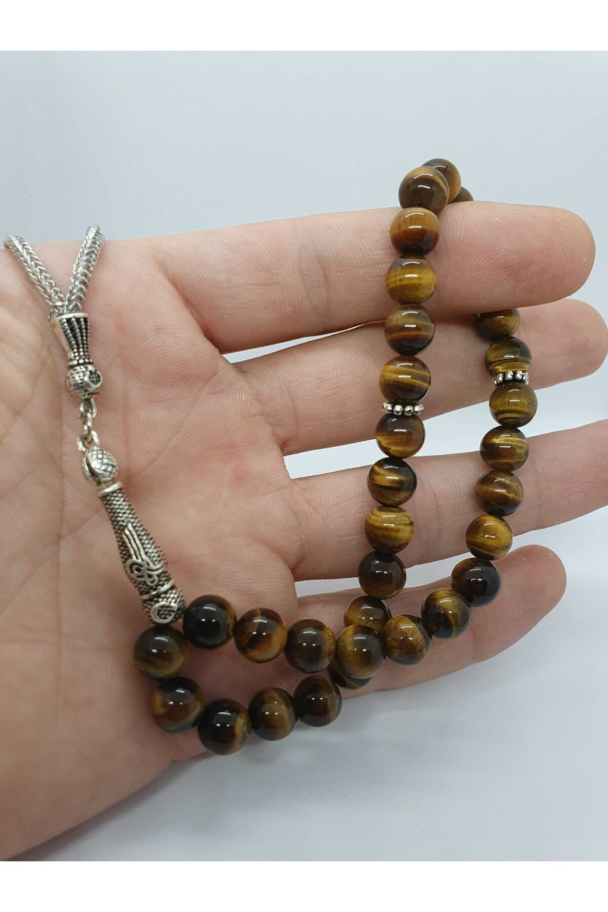 Gümüştel El Sanatlari Sertifikali Kahverengi Kaplan Gözü Doğal Taş Tesbih 8 Mm