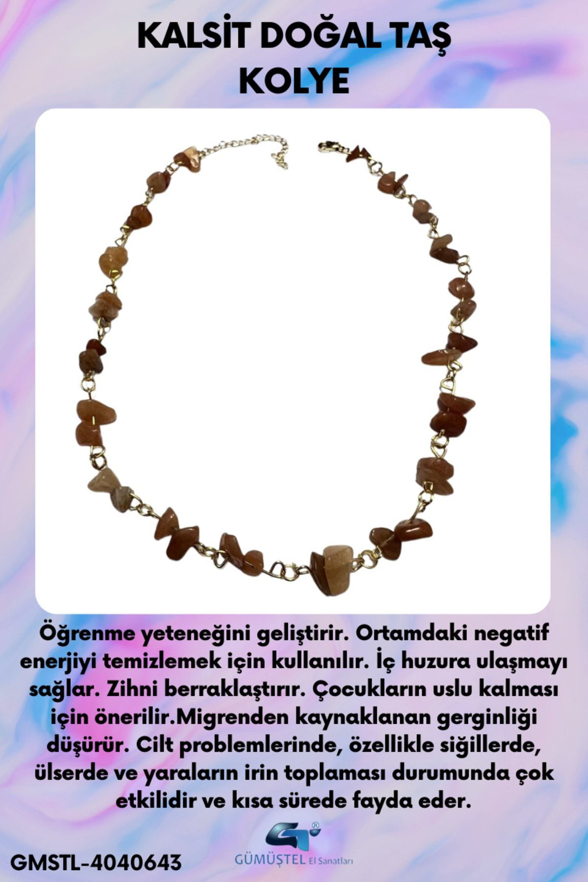 Gümüştel El Sanatlari Sertifikali Kalsit Doğal Taş Özel Tasarim Kolye