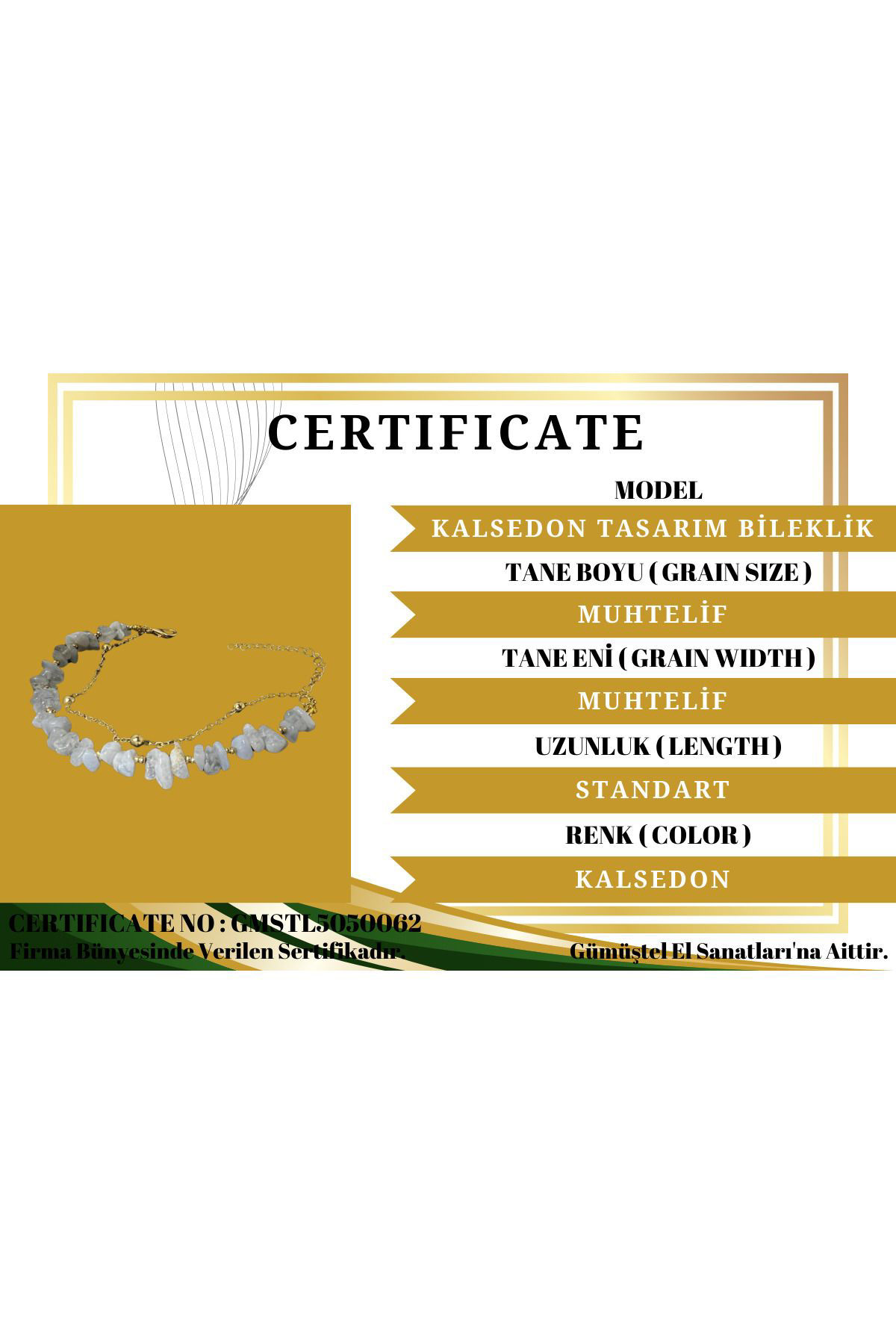 Sertifikalı Kalsedon Doğal Taş Bileklik Özel Tasarım