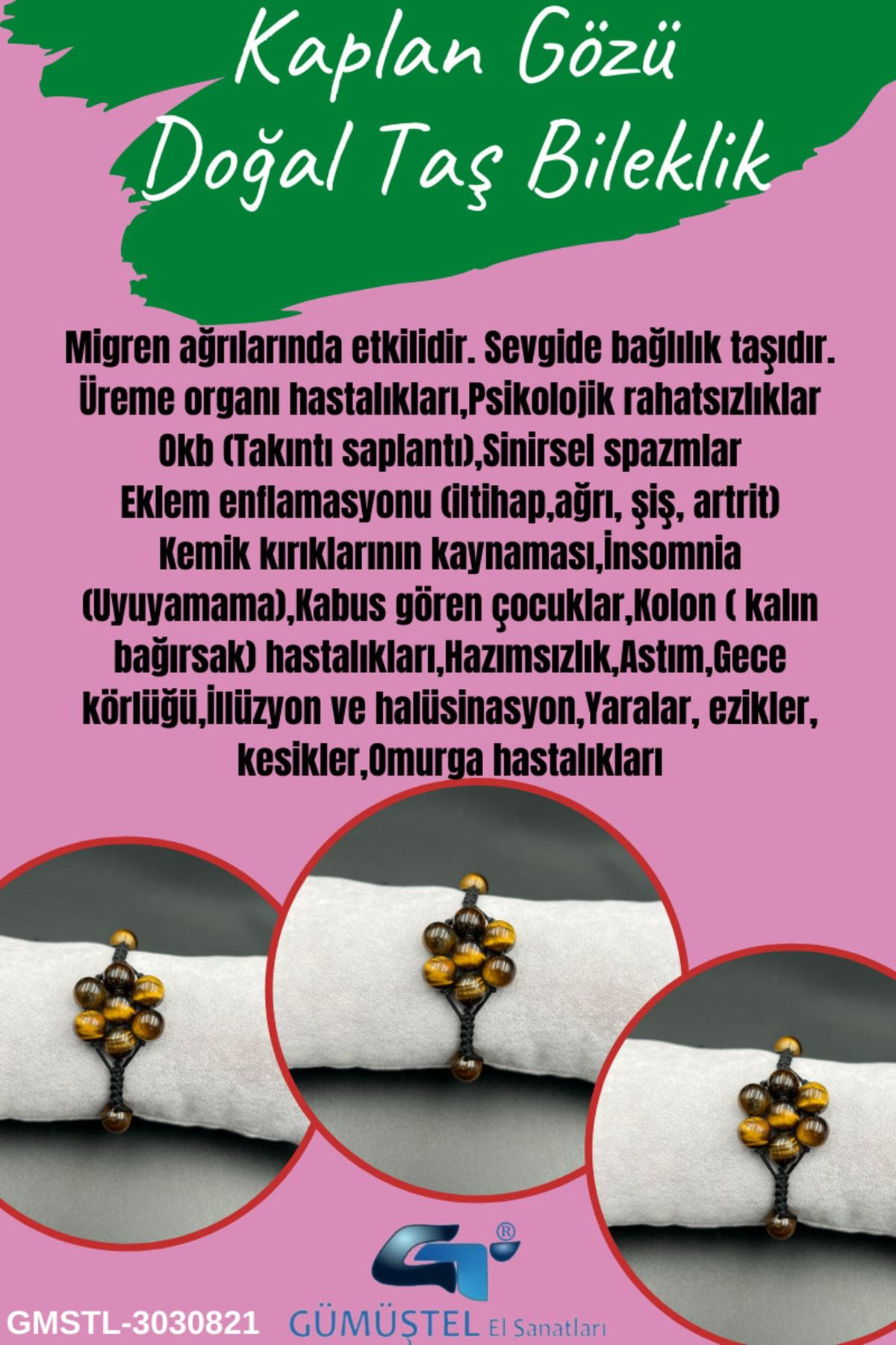 Sertifikalı Kaplan Gözü Doğal Taş Bileklik Asansörlü Kilit Sistem