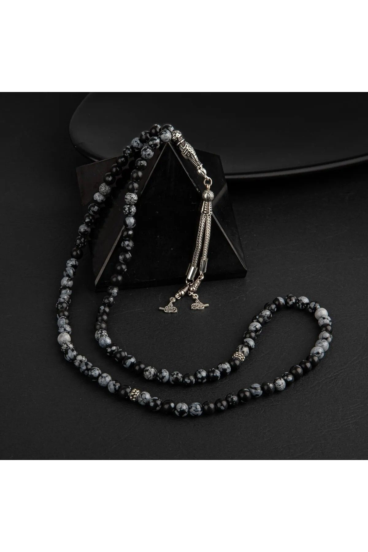 Gümüştel El Sanatlari Sertifikali Karli Obsidyen Doğal Taş Tesbih 99Luk 6Mm