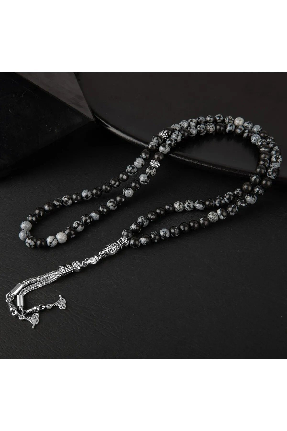 Gümüştel El Sanatlari Sertifikali Karli Obsidyen Doğal Taş Tesbih 99Luk 6Mm