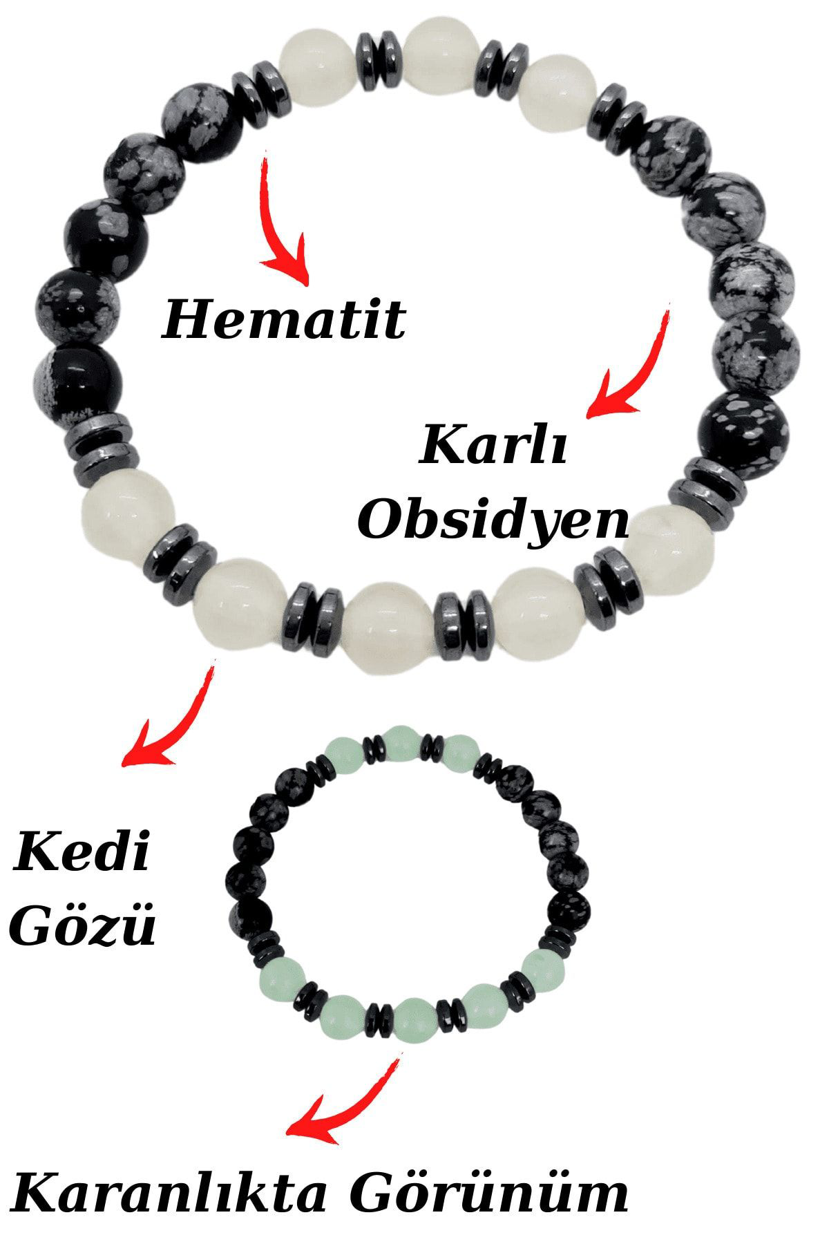 Sertifikalı Karlı Obsidyen Kedi Gözü Hematit Doğal Taş Bileklik K