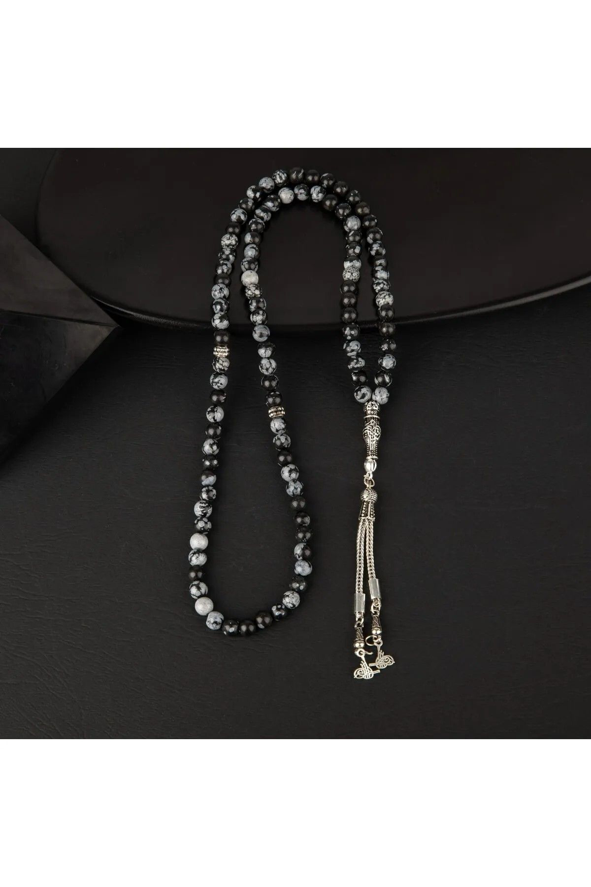 Gümüştel El Sanatlari Sertifikali Karli Obsidyen Doğal Taş Tesbih 99Luk 6Mm