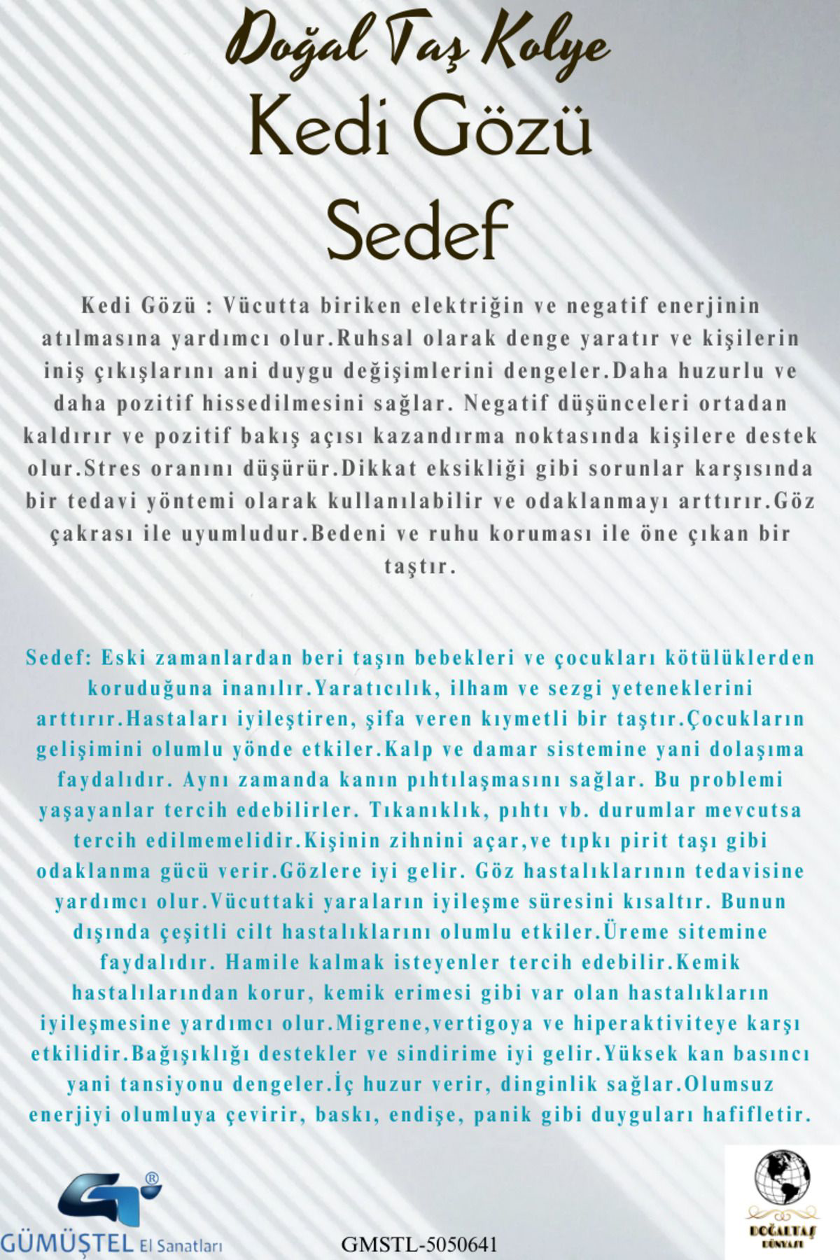Sertifikalı Kedi Gözü Sedef Doğal Taş Kolye AAA Kalite Özel Tasar