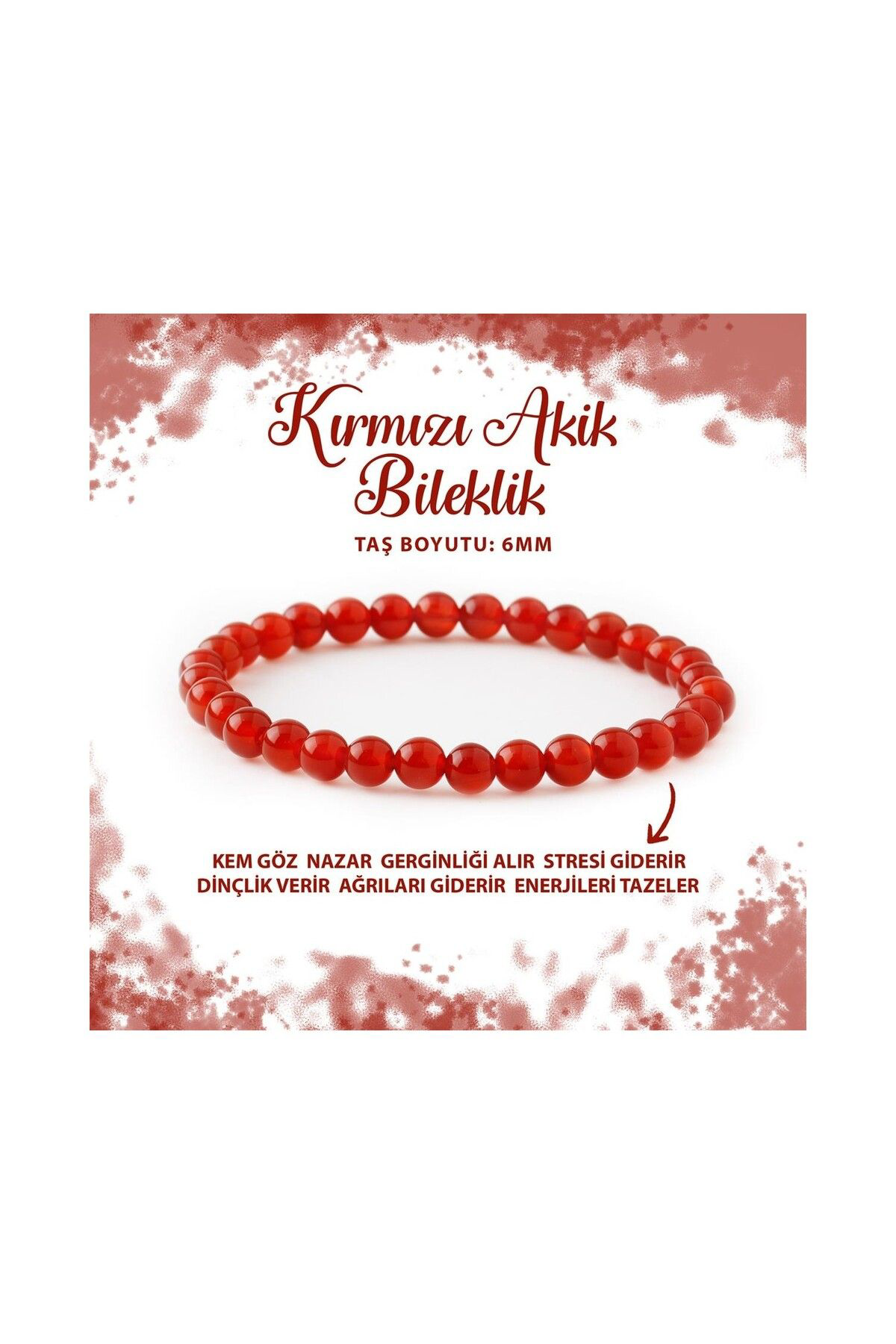 Sertifikalı Kırmızı Akik Doğal Taş Bileklik 6mm