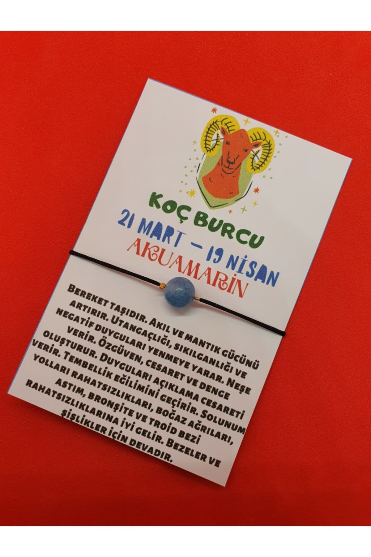 Sertifikalı Koç Burcu Akuamarin Doğal Taşlı Ip Burç Bilekliği