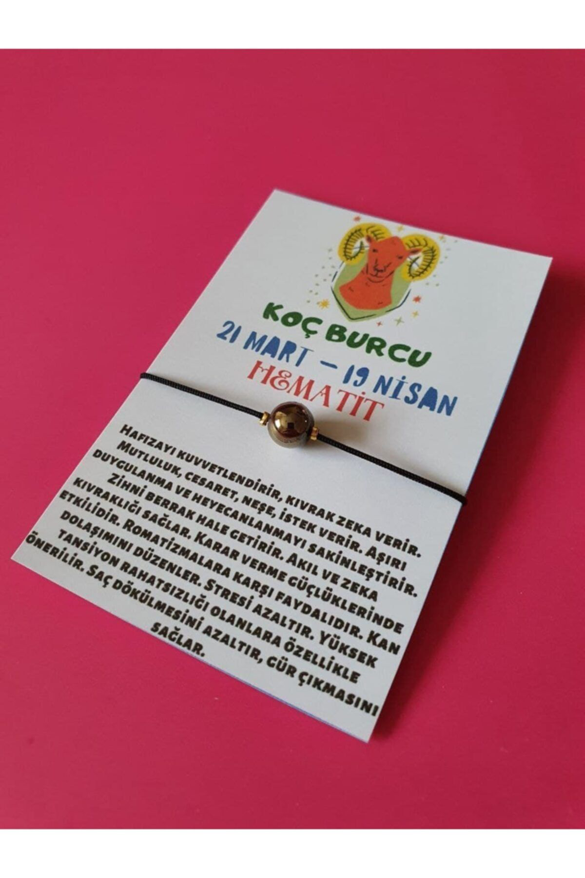 Gümüştel El Sanatlari Sertifikali Koç Burcu Hematit Doğal Taşli İp Burç Bilekliği