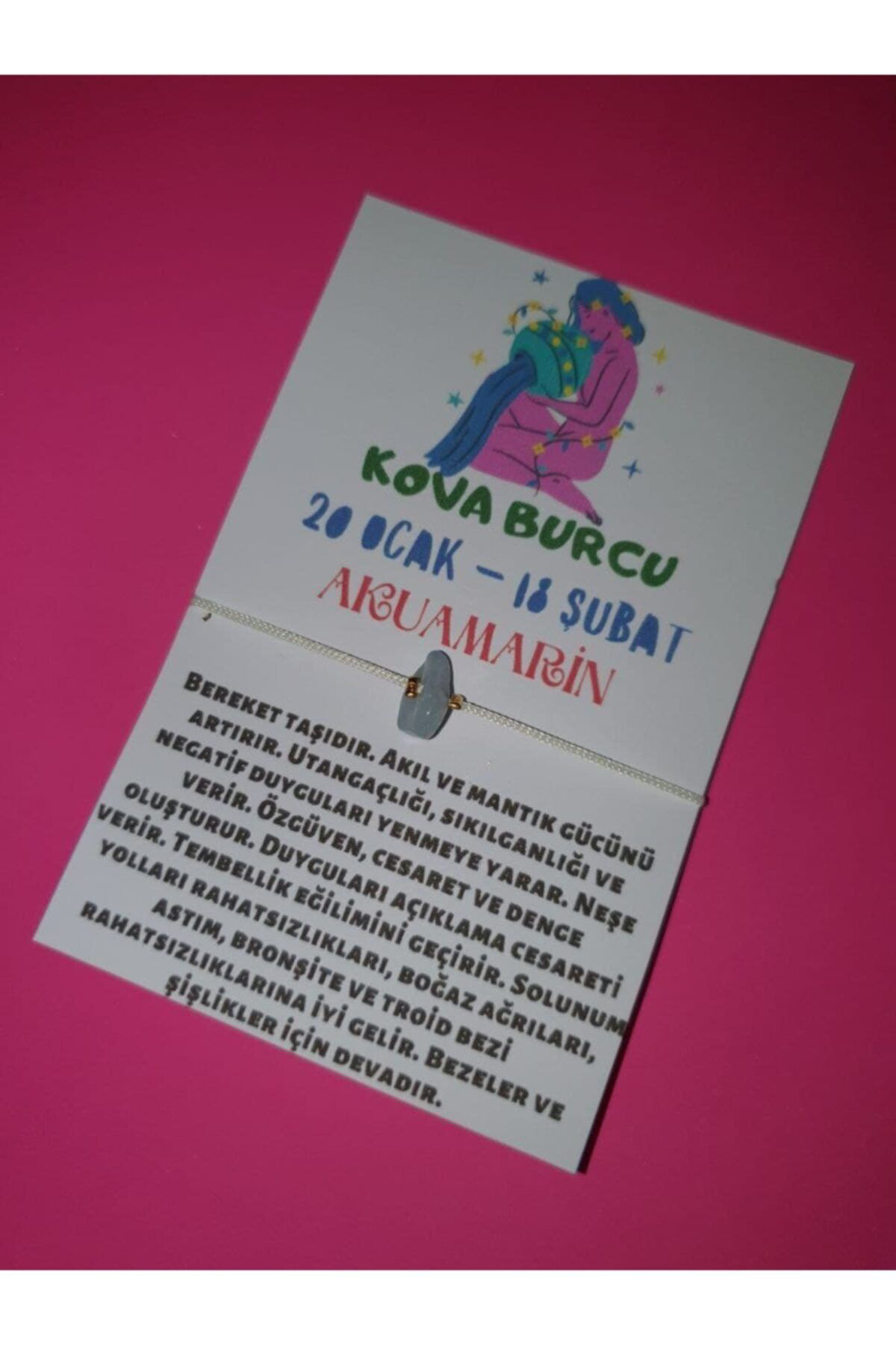 Sertifikalı Kova Burcu Akuamarin Doğal Taşlı Ip Burç Bilekliği