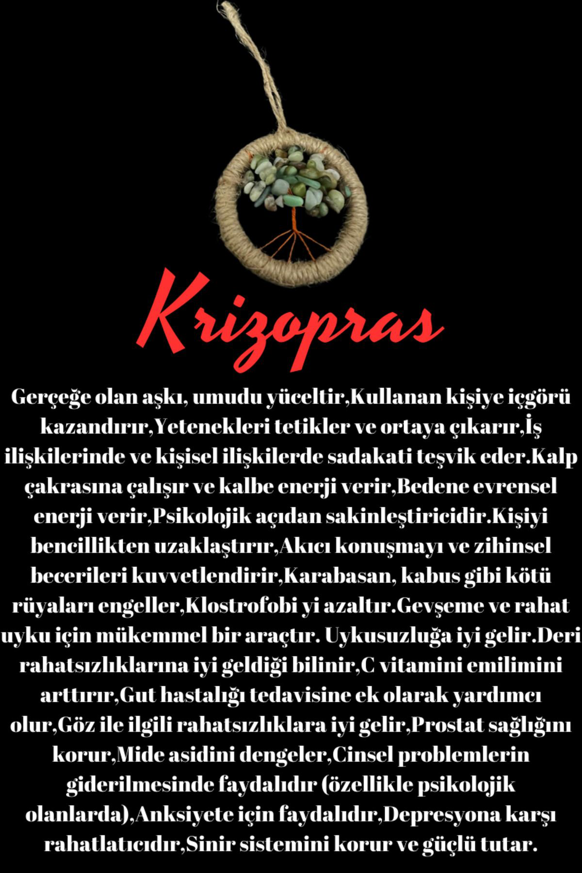 Gümüştel El Sanatlari Sertifikali Krizopras Doğal Taş El Yapimi Duvar Süsü & Araba Süsü