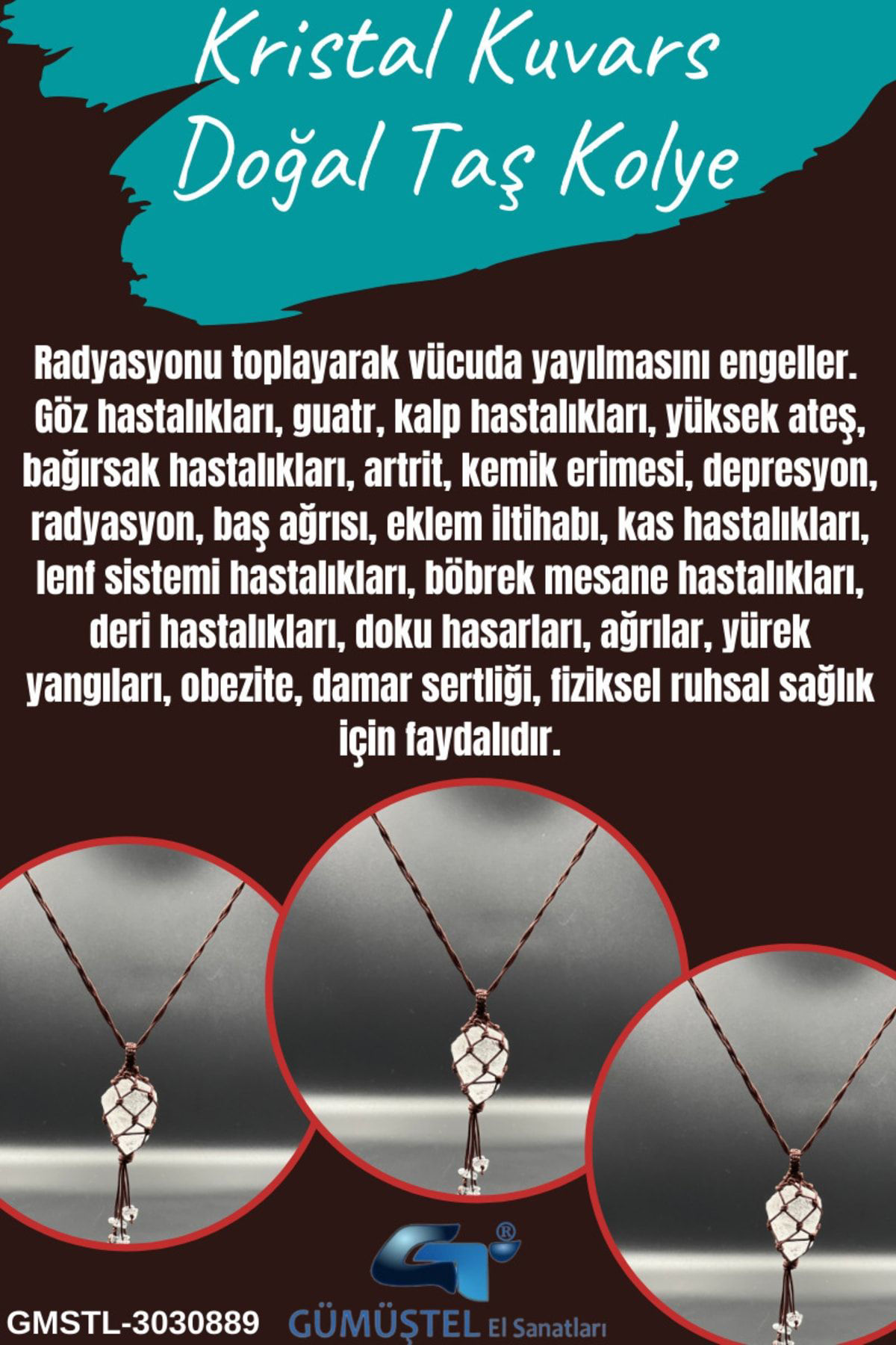 Sertifikalı Kristal Kuvars Doğal Taş Tasarım Kolye El Yapımı Örgü