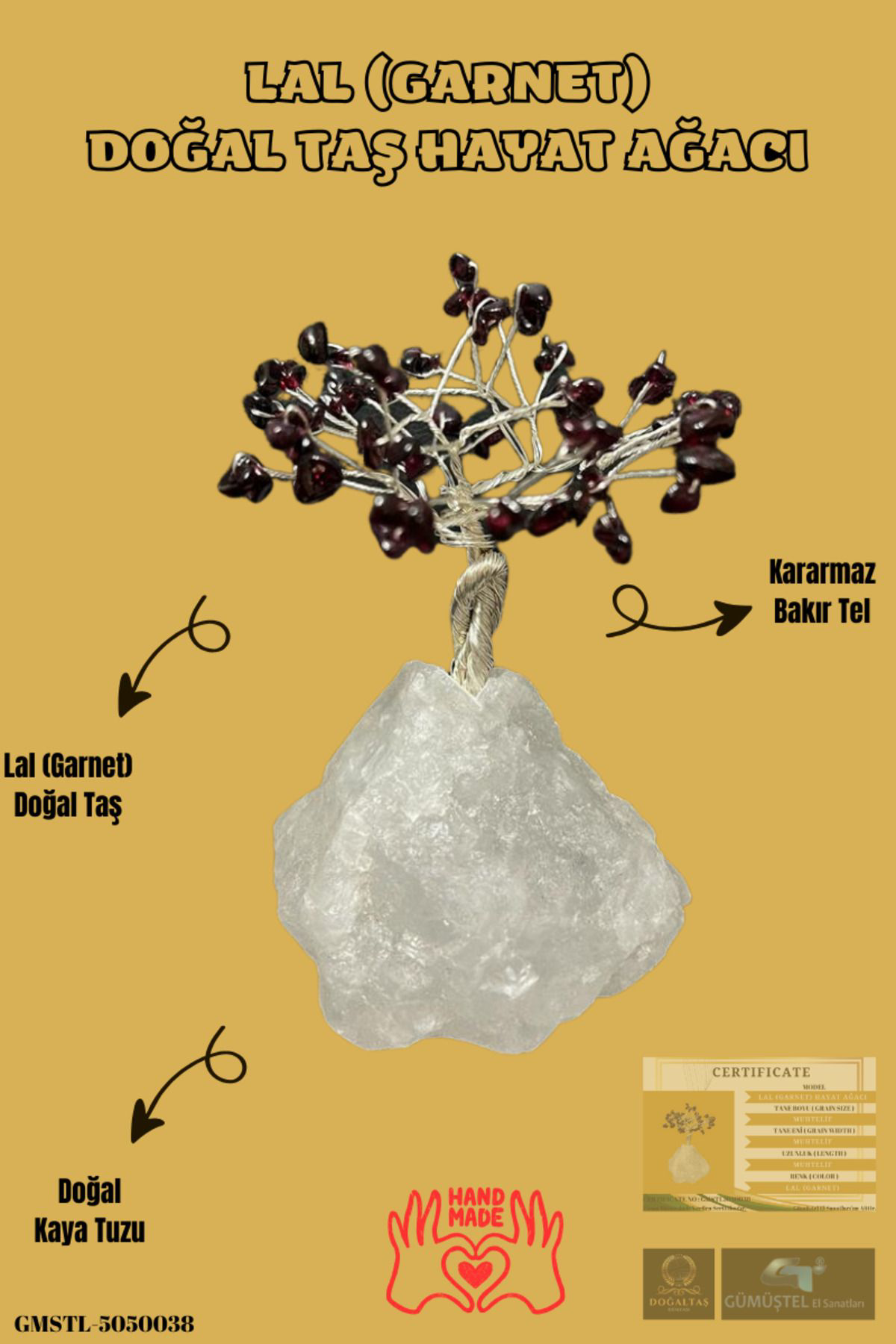 Sertifikalı Lal (Garnet) Orijinal Doğal Taş Hayat Ağacı Biblo El 