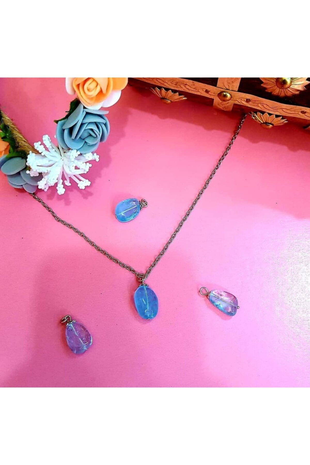 Gümüştel El Sanatlari Sertifikali Mavi Topaz Kolye Doğal Taş