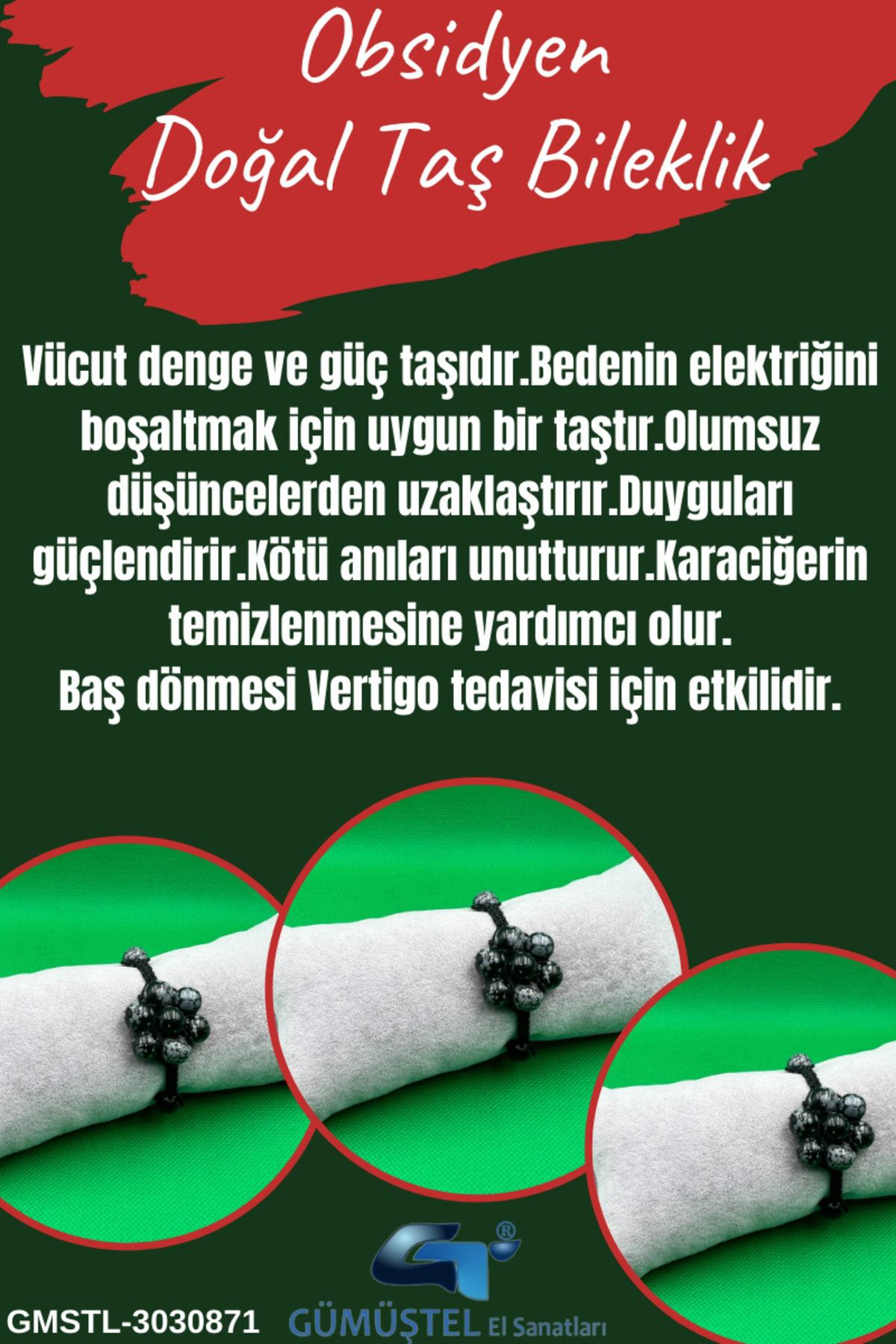 Sertifikalı Obsidyen Doğal Taş Bileklik Asansörlü Kilit Sistemi A