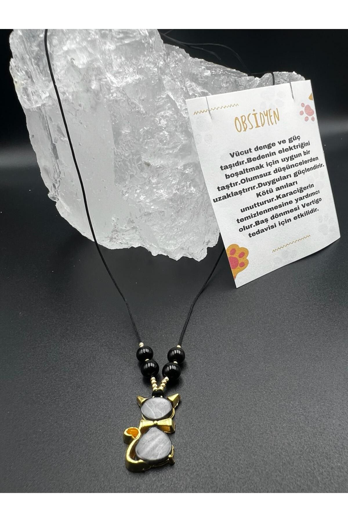 Sertifikalı Obsidyen & Sedef Doğal Taş Tasarım Kolye Kedi Obje De