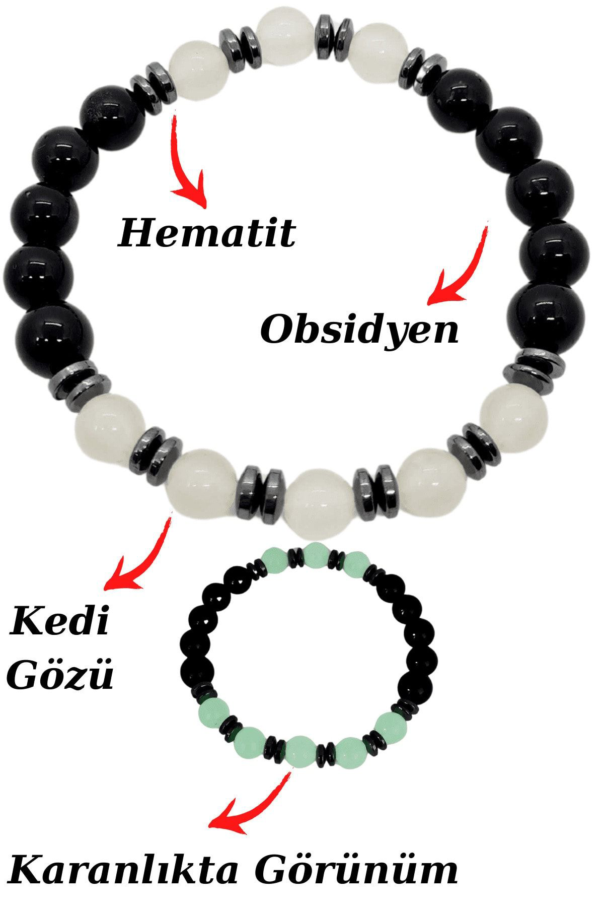 Sertifikalı Obsidyen Kedi Gözü Hematit Doğal Taş Bileklik Karanlı